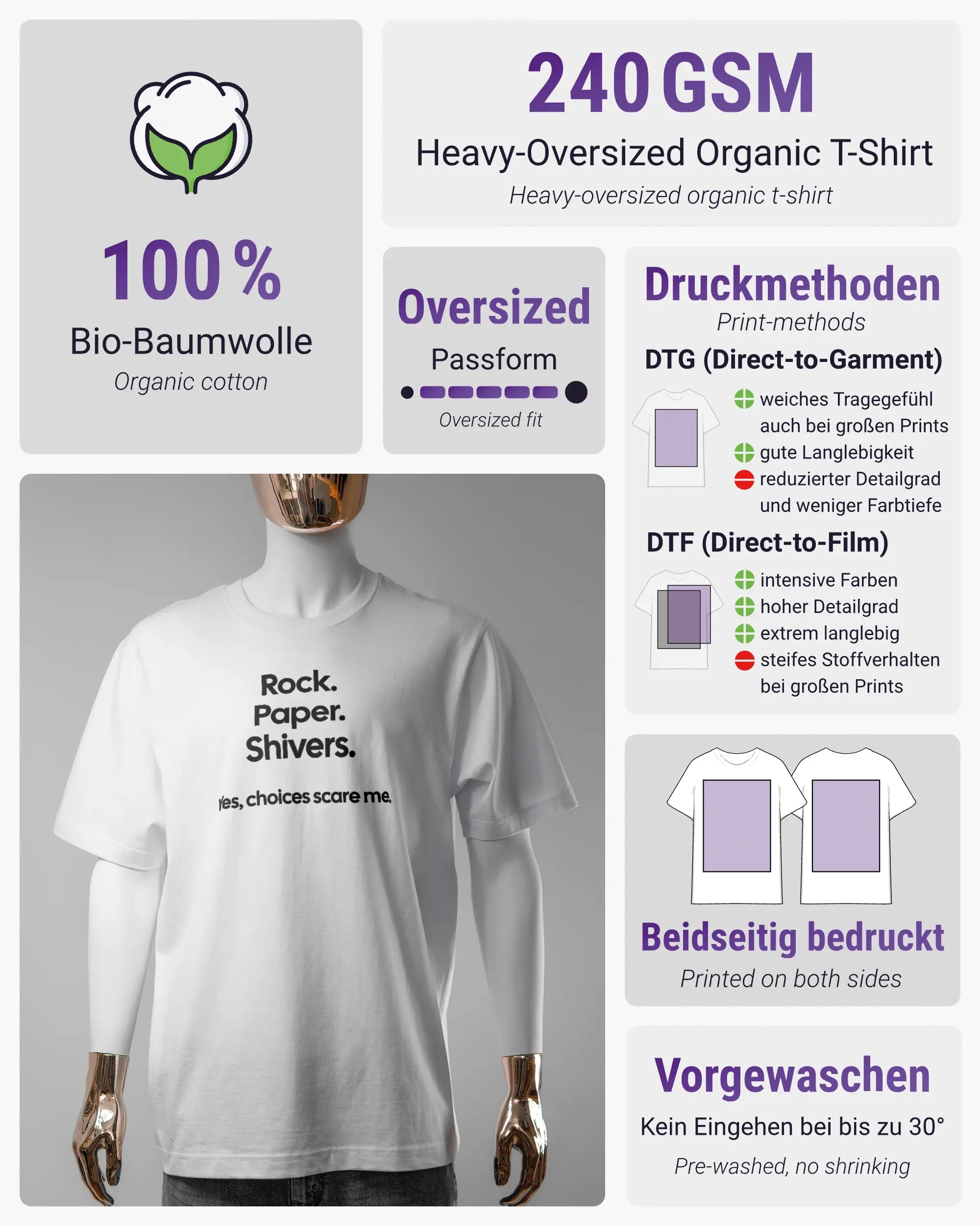 Produktinformationsblatt des Organic Unisex T-Shirt Heavy Oversized von Maondo mit dem Design Rock Paper Shivers vorne in der Farbe White und in der Größe S