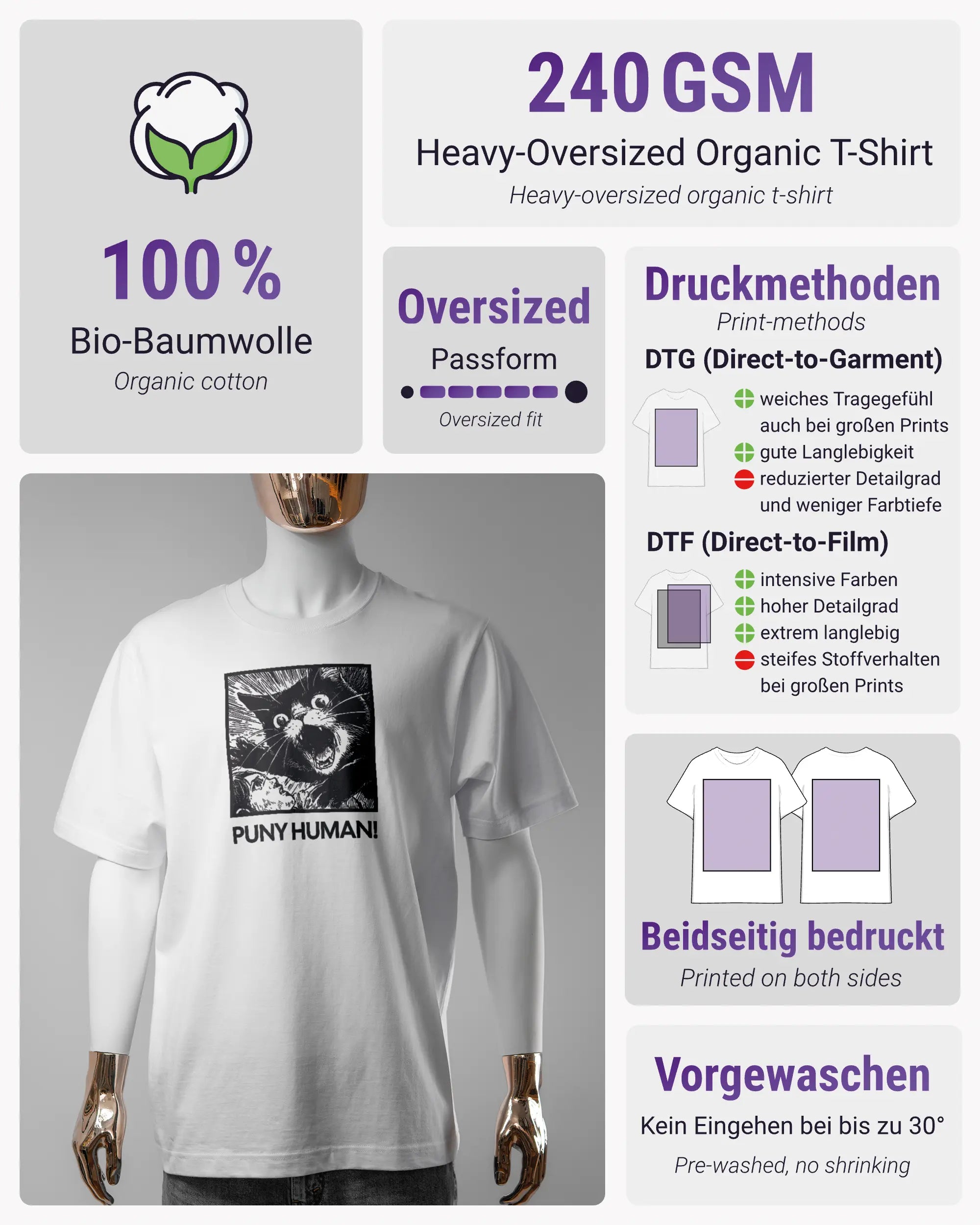 Produktinformationsblatt des Organic Unisex T-Shirt Heavy Oversized von Maondo mit dem Design Puny Human vorne in der Farbe White und in der Größe S
