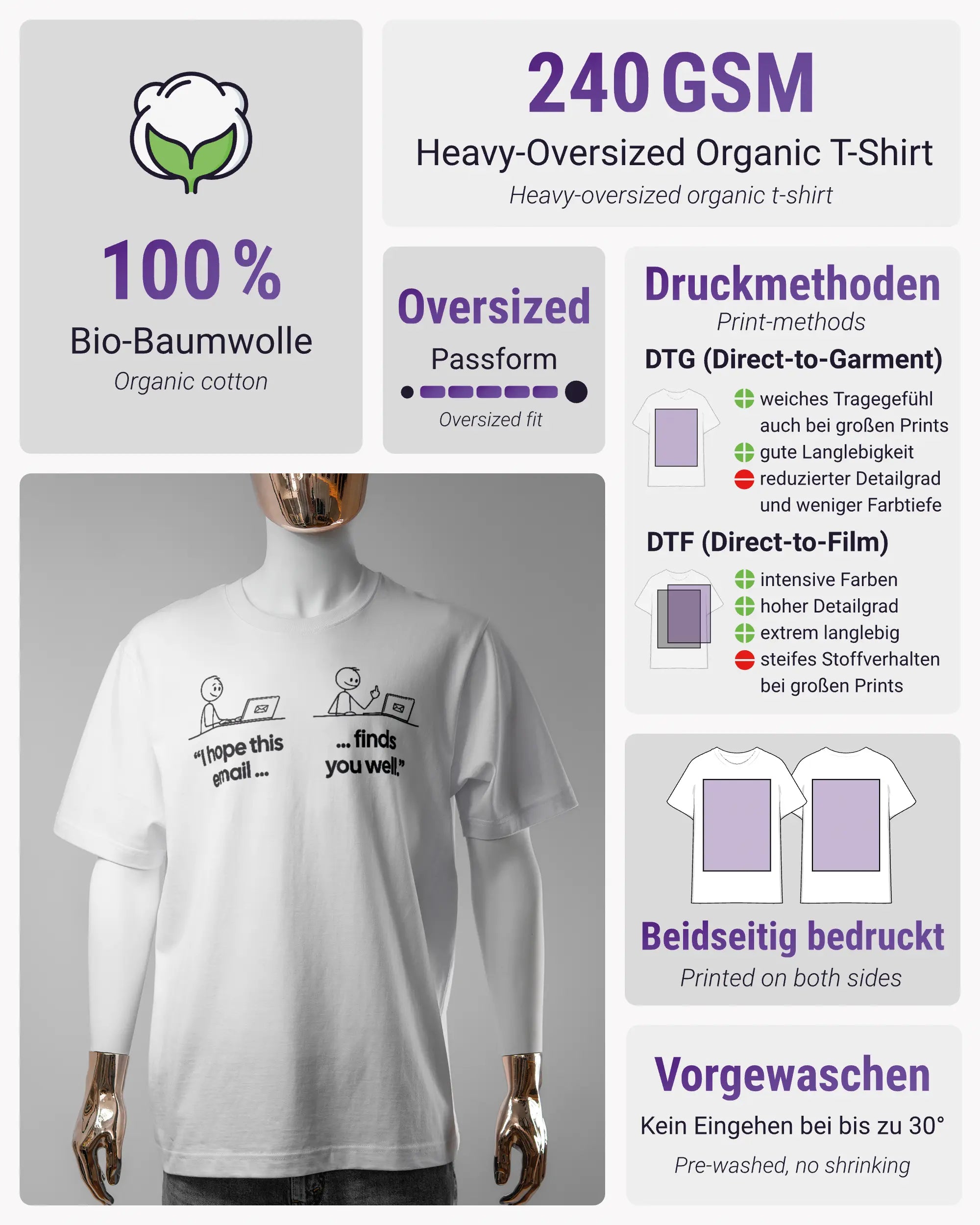 Produktinformationsblatt des Organic Unisex T-Shirt Heavy Oversized von Maondo mit dem Design Found me not well vorne in der Farbe White und in der Größe S