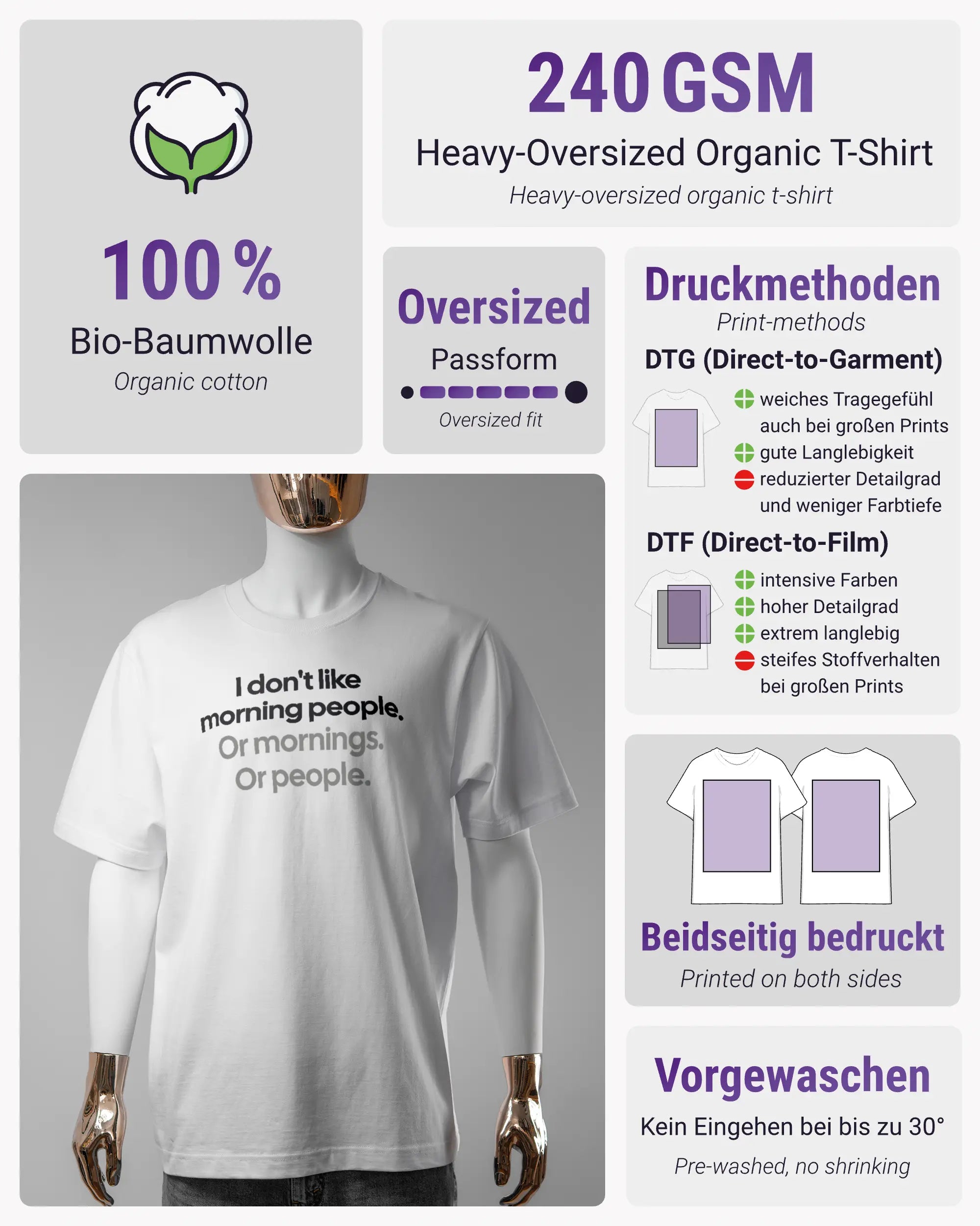 Produktinformationsblatt des Organic Unisex T-Shirt Heavy Oversized von Maondo mit dem Design Morning Person vorne in der Farbe White und in der Größe S