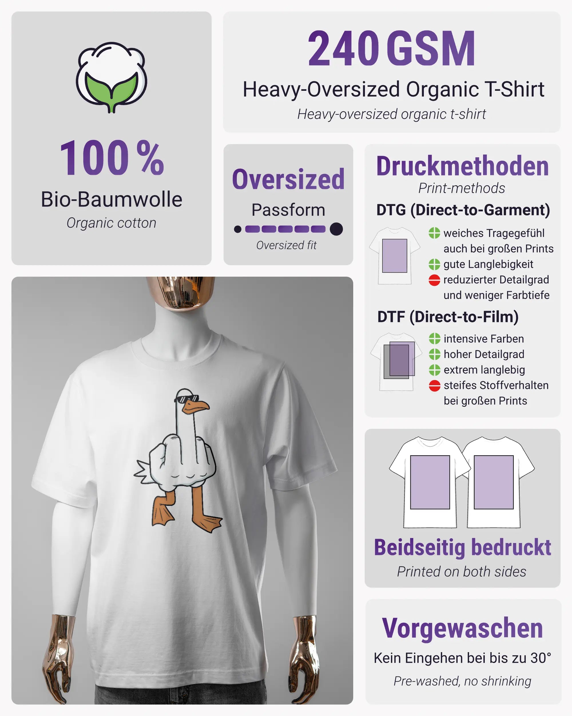Produktinformationsblatt des Organic Unisex T-Shirt Heavy Oversized von Maondo mit dem Design I give a duck vorne in der Farbe White und in der Größe S