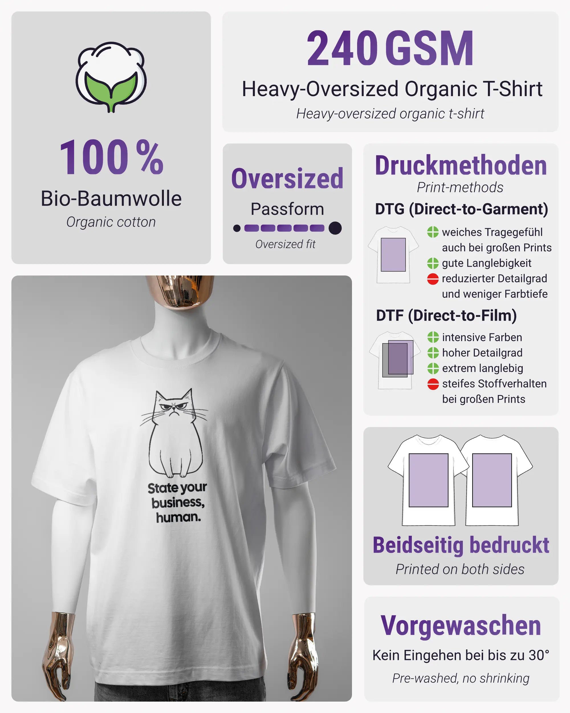 Produktinformationsblatt des Organic Unisex T-Shirt Heavy Oversized von Maondo mit dem Design Grumpy Purr vorne in der Farbe White und in der Größe S
