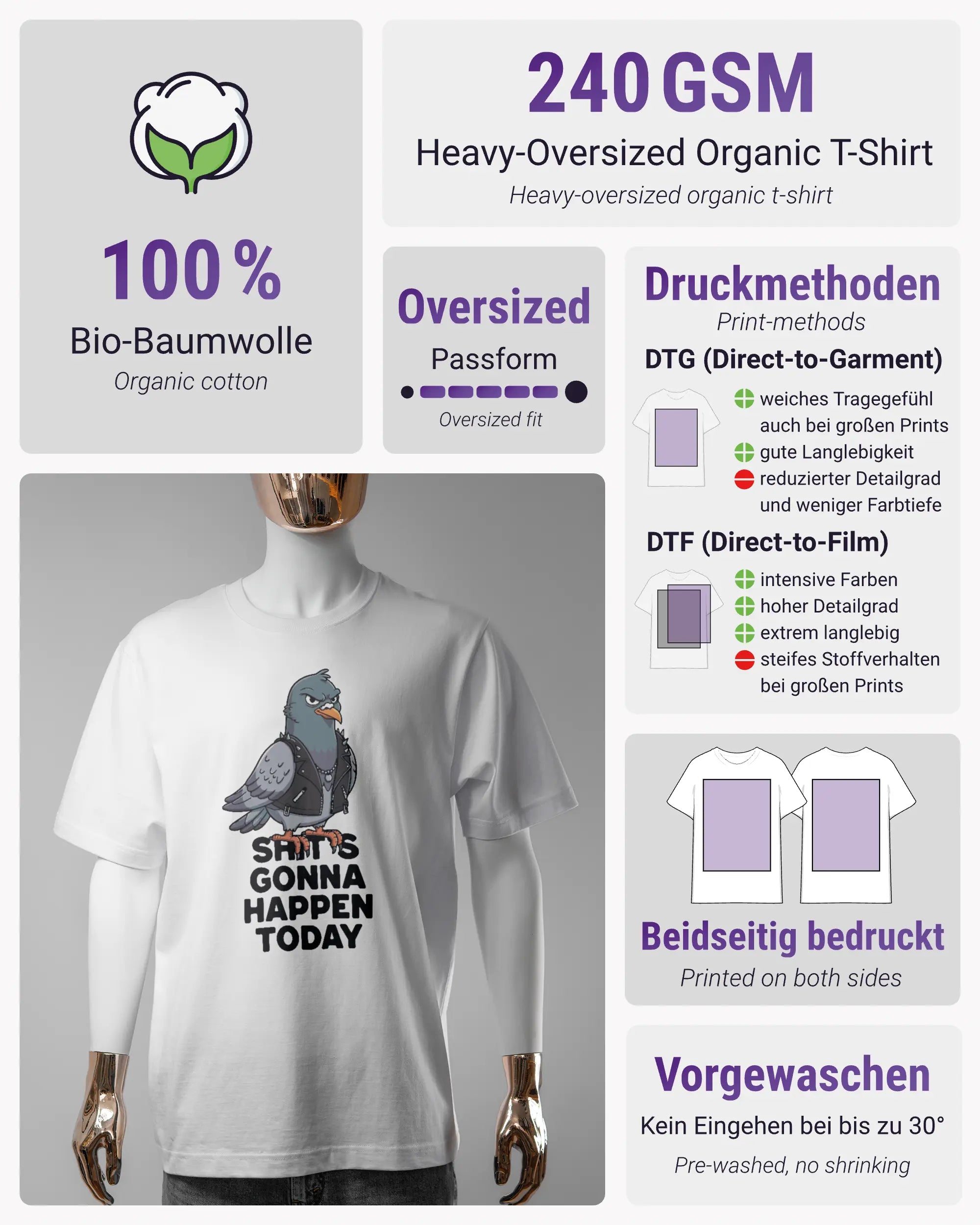 Produktinformationsblatt des Organic Unisex T-Shirt Heavy Oversized von Maondo mit dem Design Pigeon Pun vorne in der Farbe White und in der Größe S
