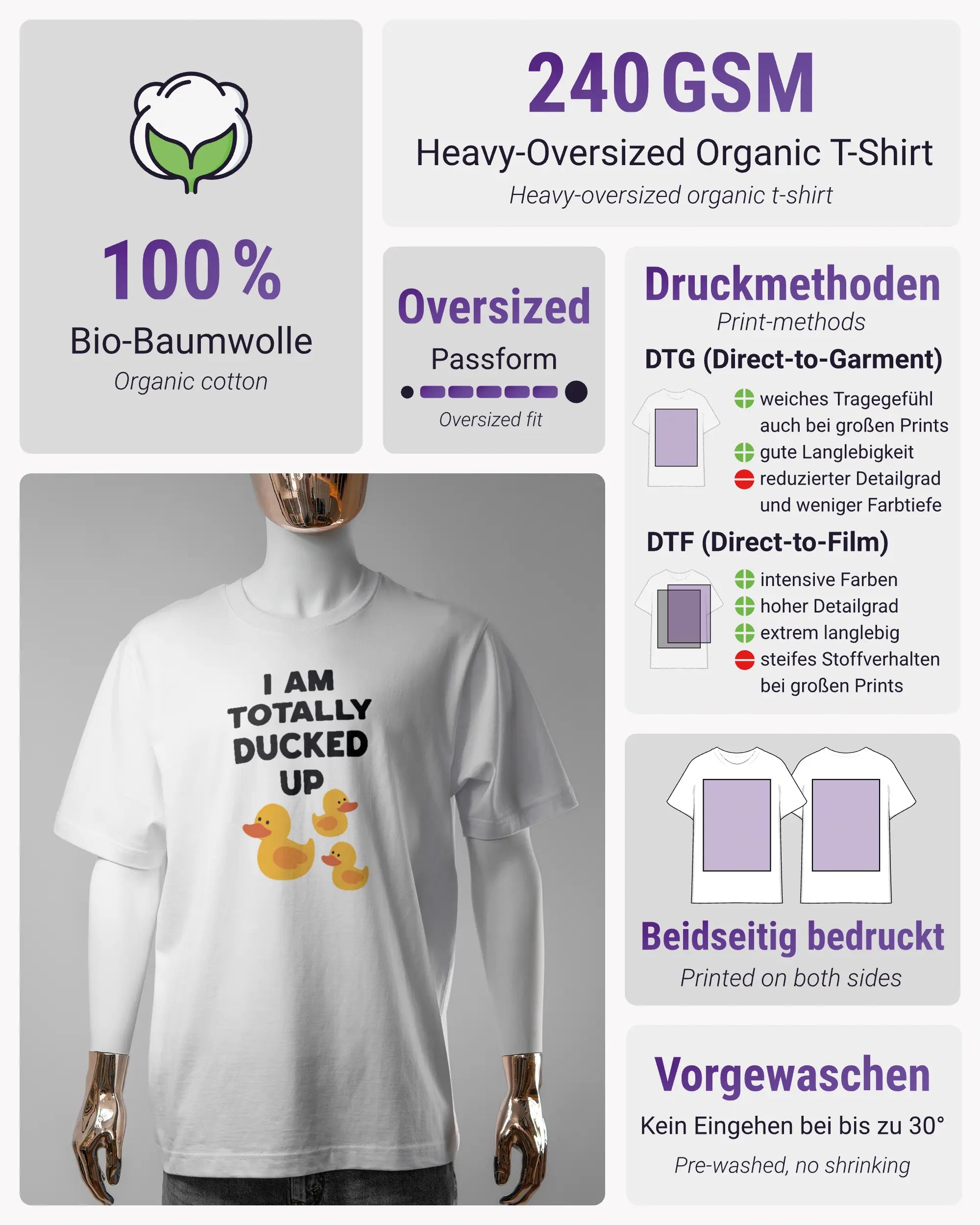 Produktinformationsblatt des Organic Unisex T-Shirt Heavy Oversized von Maondo mit dem Design Ducked Up vorne in der Farbe White und in der Größe S
