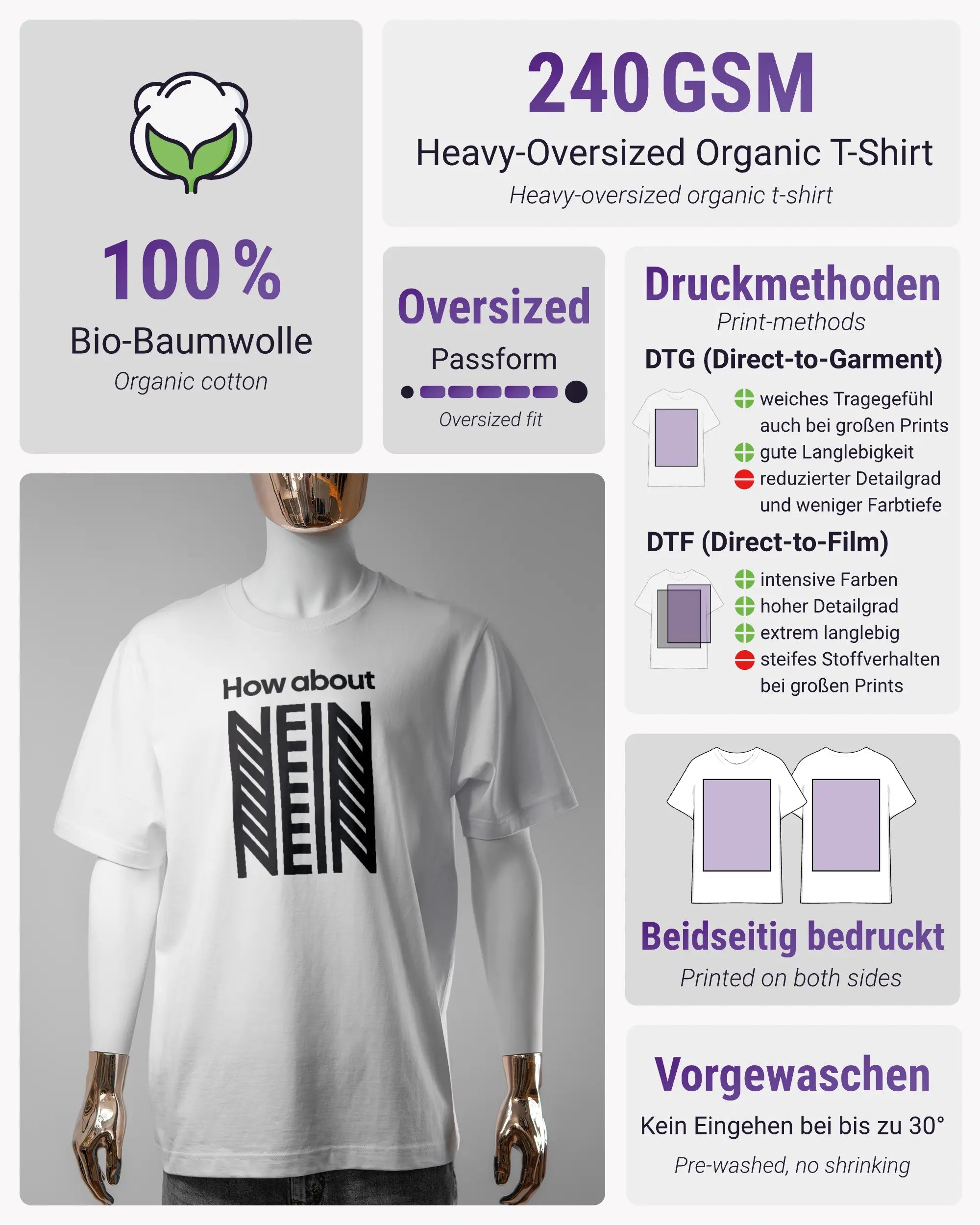 Produktinformationsblatt des Organic Unisex T-Shirt Heavy Oversized von Maondo mit dem Design How about nein vorne in der Farbe White und in der Größe S