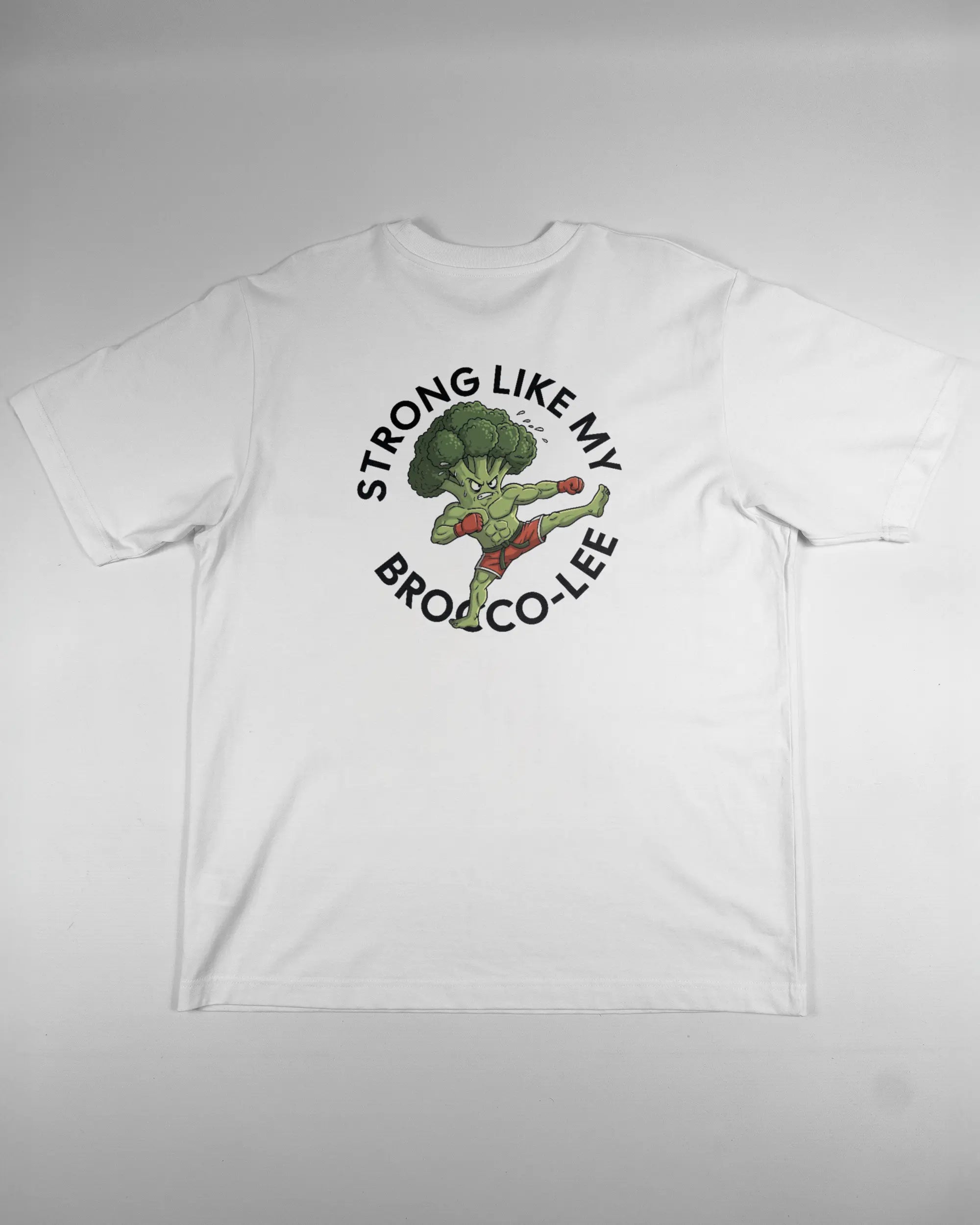 Rückseite des Organic Unisex T-Shirt Heavy Oversized von Maondo mit dem Design Brocco-Lee in der Farbe White und in der Größe L flach auf den Boden gelegt