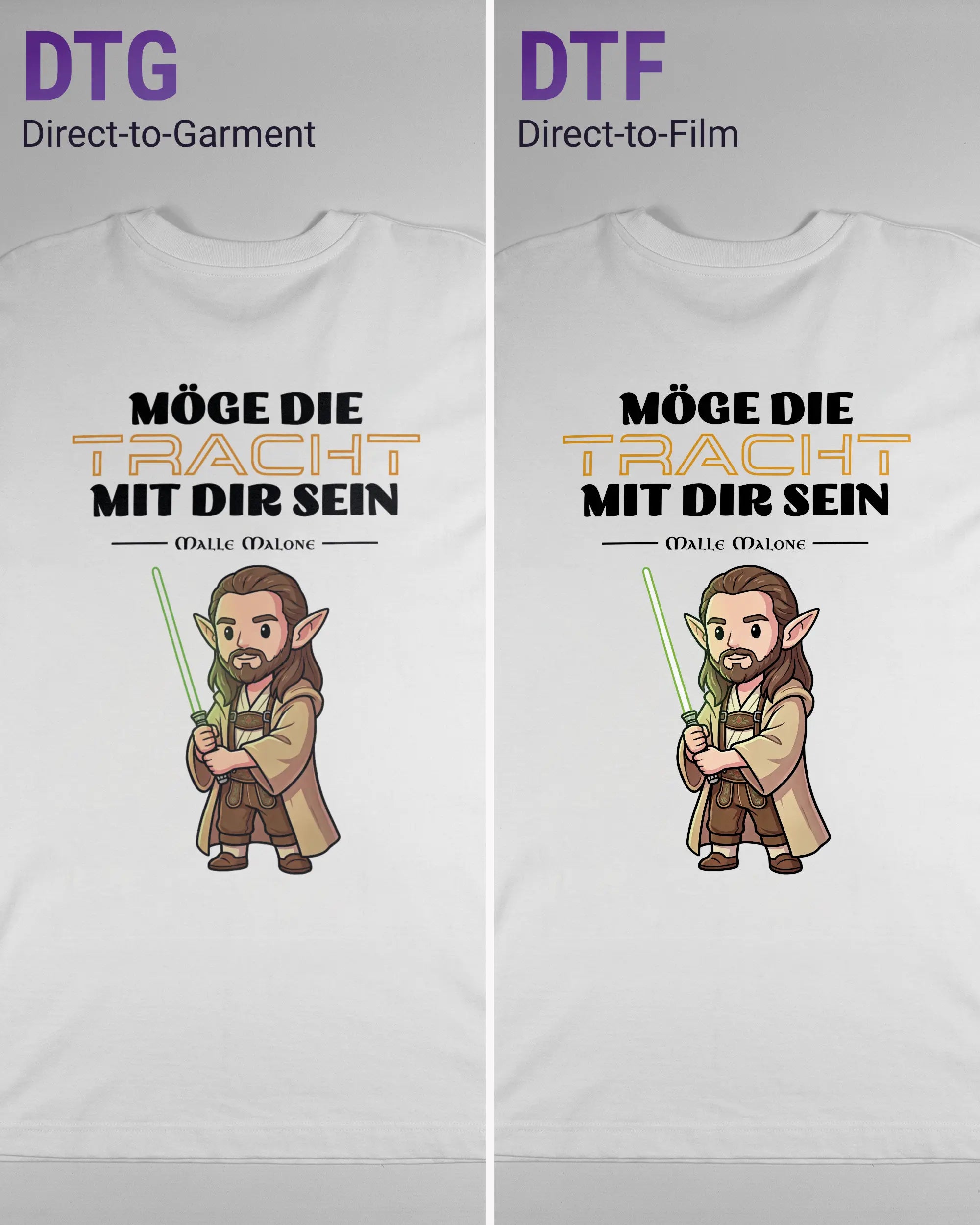 Vergleich der Rückseiten des Organic Unisex T-Shirt Heavy Oversized von Maondo mit dem Design Tracht mit dir in der Farbe White und in der Größe L links mit dem Direct-to-Garment und rechts mit dem Direct-to-Film Verfahren