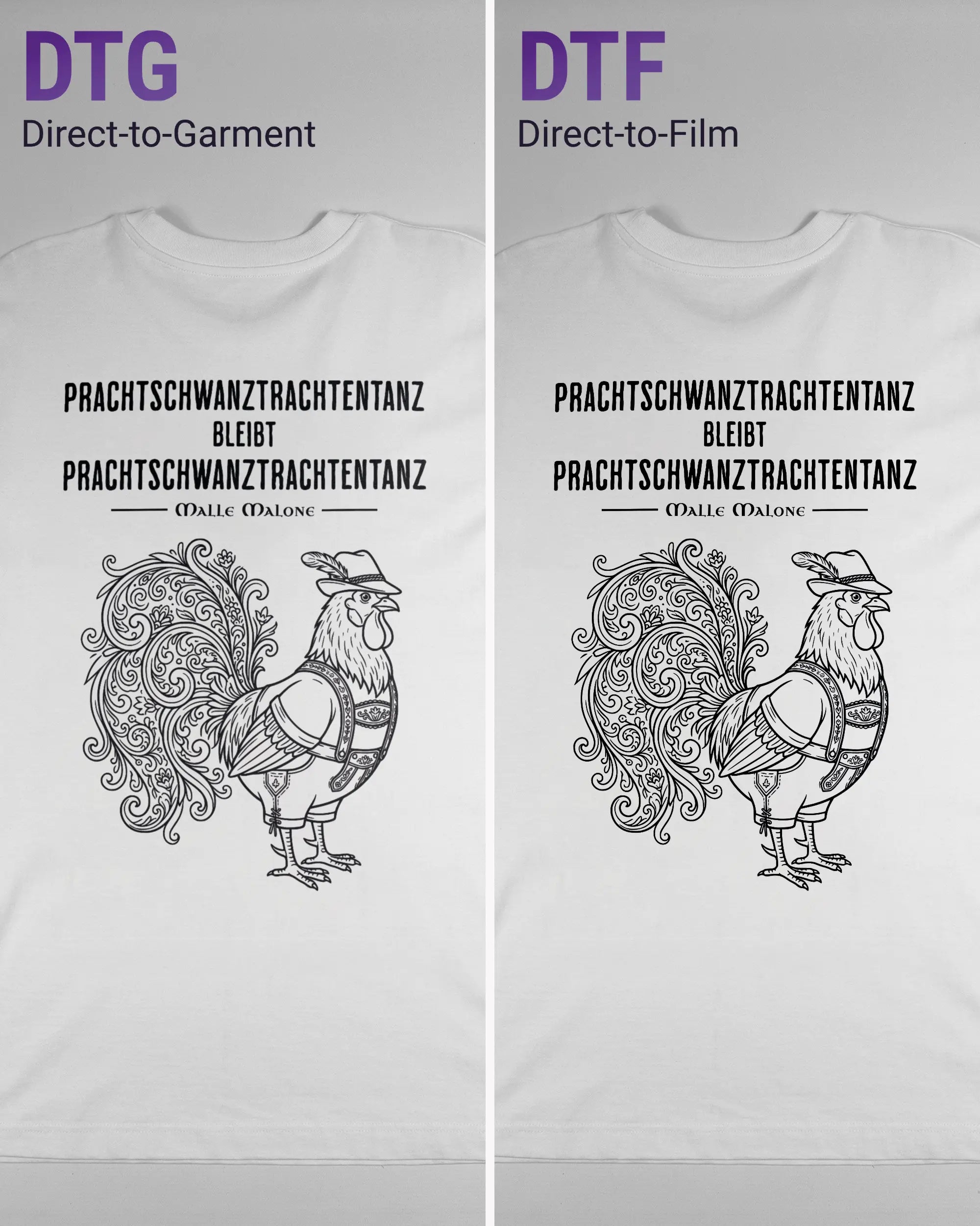 Vergleich der Rückseiten des Organic Unisex T-Shirt Heavy Oversized von Maondo mit dem Design Trachtentanz in der Farbe White und in der Größe L links mit dem Direct-to-Garment und rechts mit dem Direct-to-Film Verfahren