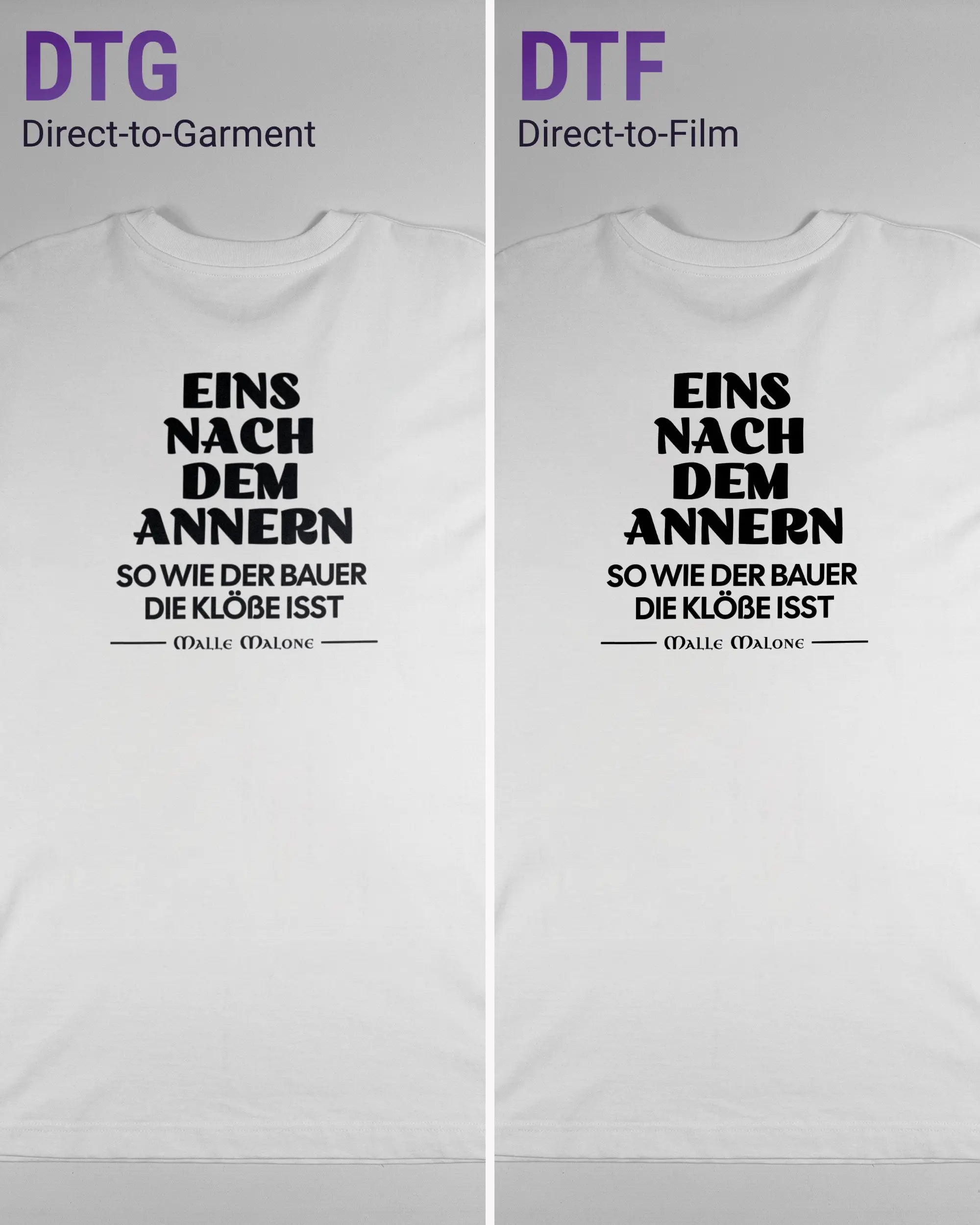Vergleich der Rückseiten des Organic Unisex T-Shirt Heavy Oversized von Maondo mit dem Design Eins nach dem Annern in der Farbe White und in der Größe L links mit dem Direct-to-Garment und rechts mit dem Direct-to-Film Verfahren