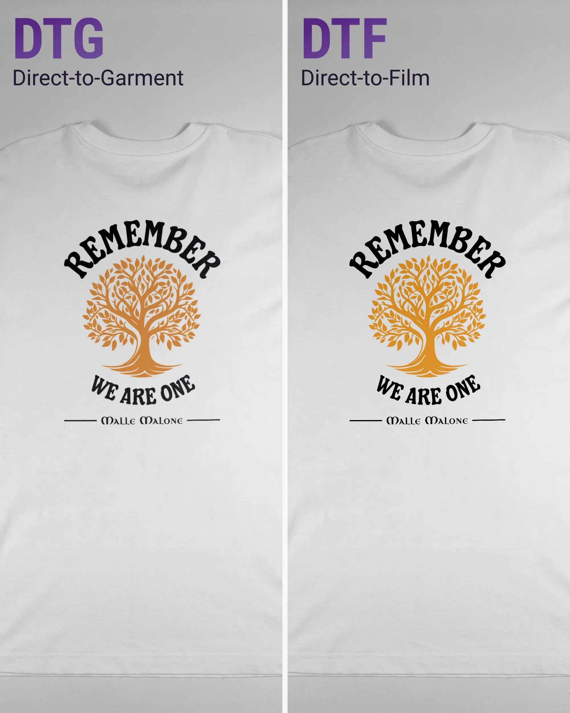 Vergleich der Rückseiten des Organic Unisex T-Shirt Heavy Oversized von Maondo mit dem Design We are one in der Farbe White und in der Größe L links mit dem Direct-to-Garment und rechts mit dem Direct-to-Film Verfahren