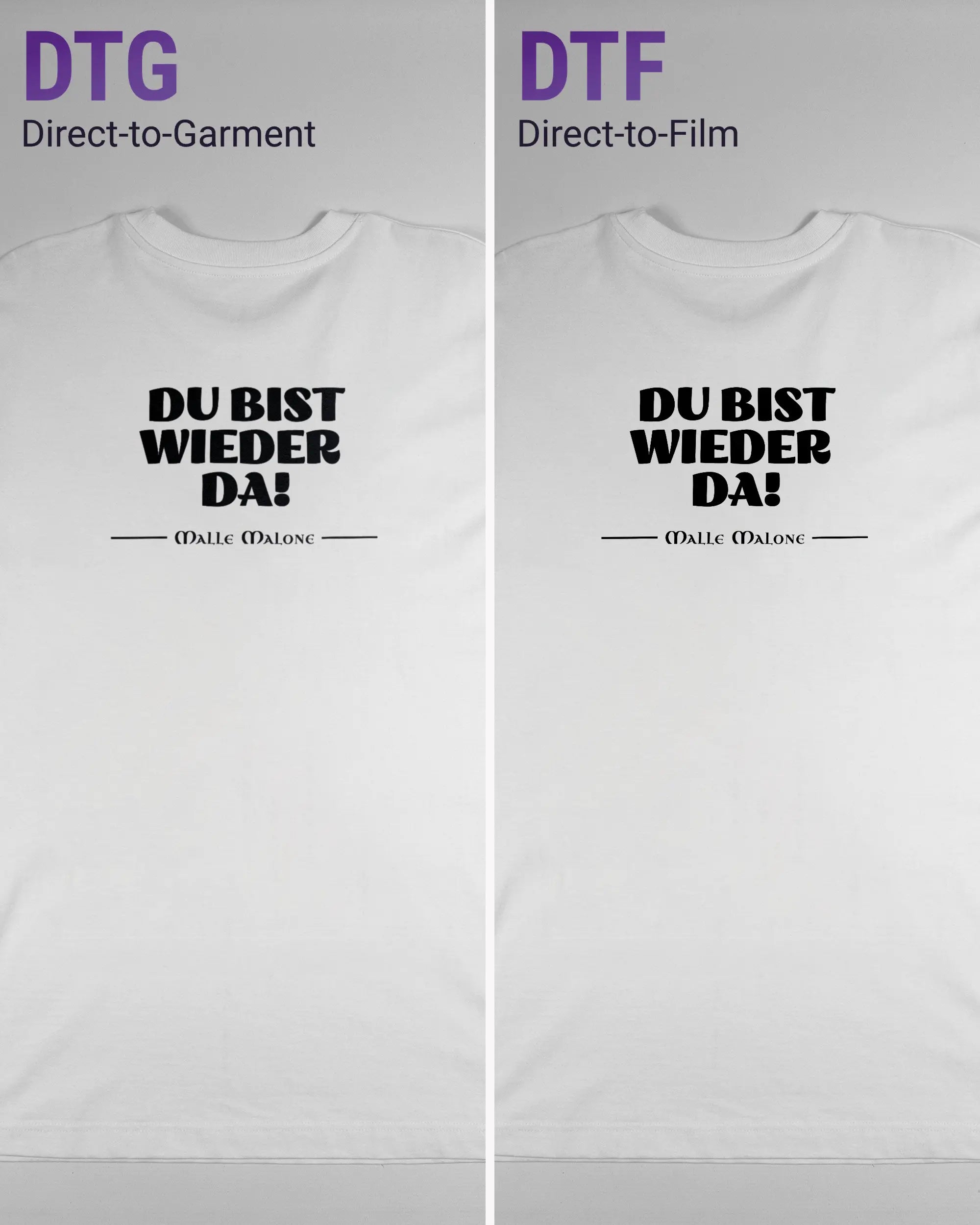 Vergleich der Rückseiten des Organic Unisex T-Shirt Heavy Oversized von Maondo mit dem Design Wieder da in der Farbe White und in der Größe L links mit dem Direct-to-Garment und rechts mit dem Direct-to-Film Verfahren