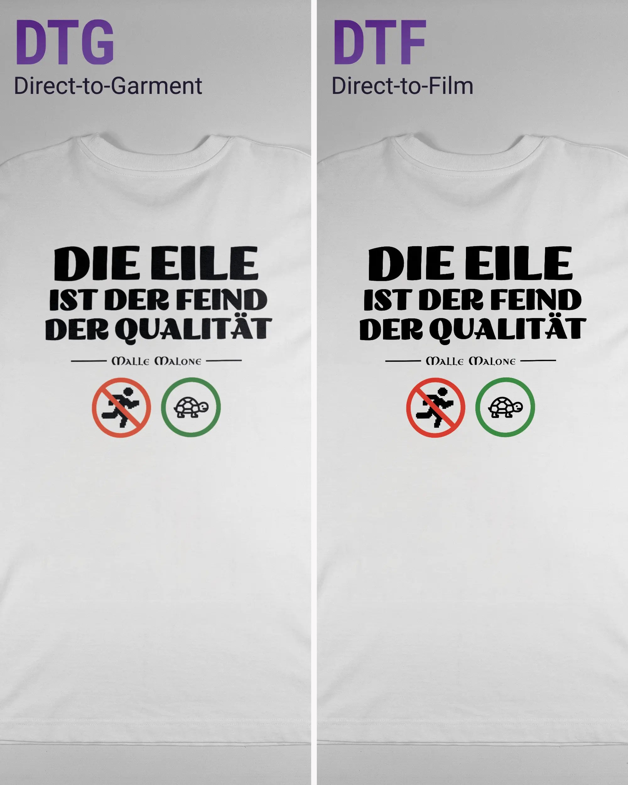 Vergleich der Rückseiten des Organic Unisex T-Shirt Heavy Oversized von Maondo mit dem Design Keine Eile in der Farbe White und in der Größe L links mit dem Direct-to-Garment und rechts mit dem Direct-to-Film Verfahren