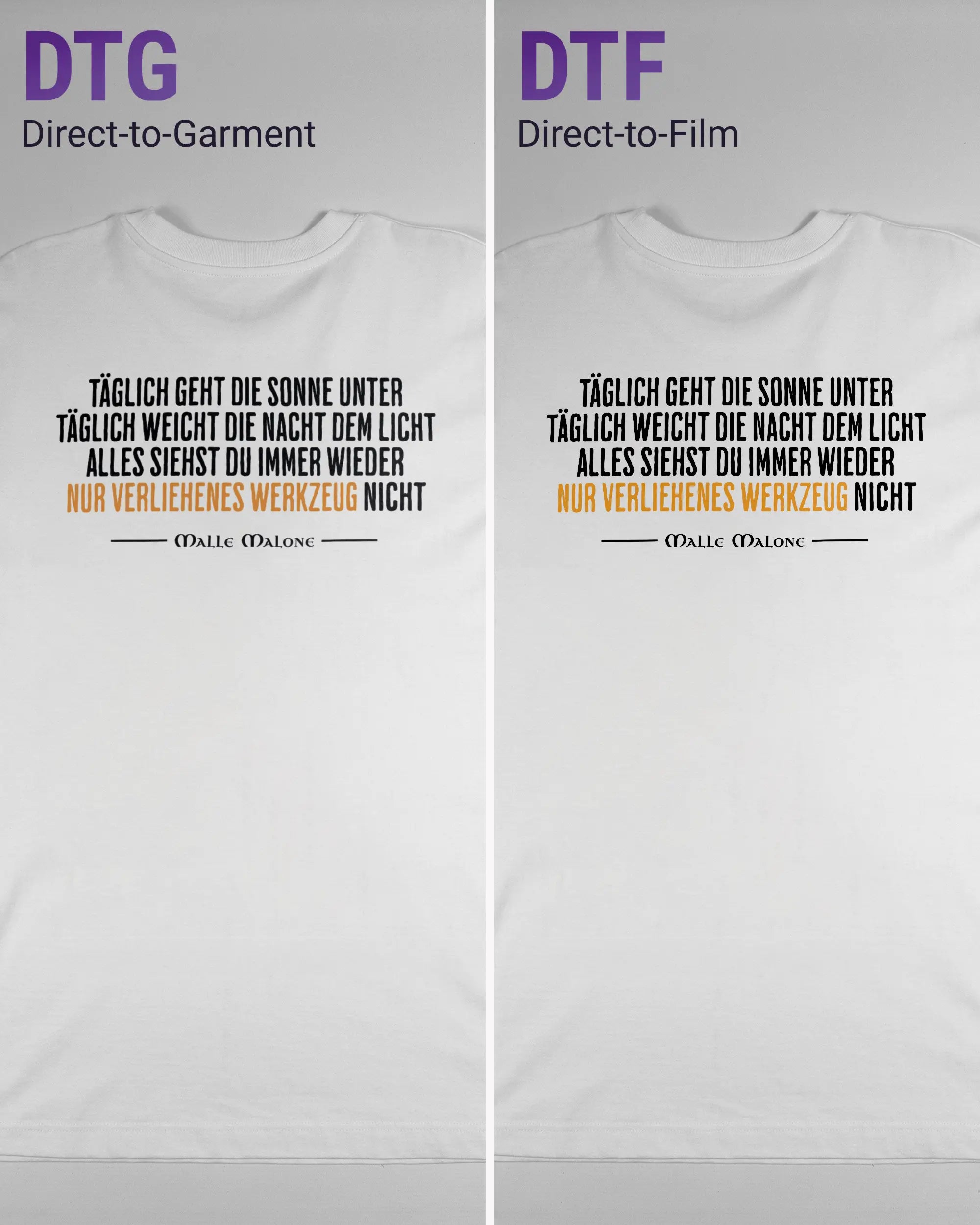 Vergleich der Rückseiten des Organic Unisex T-Shirt Heavy Oversized von Maondo mit dem Design Wegzeug in der Farbe White und in der Größe L links mit dem Direct-to-Garment und rechts mit dem Direct-to-Film Verfahren