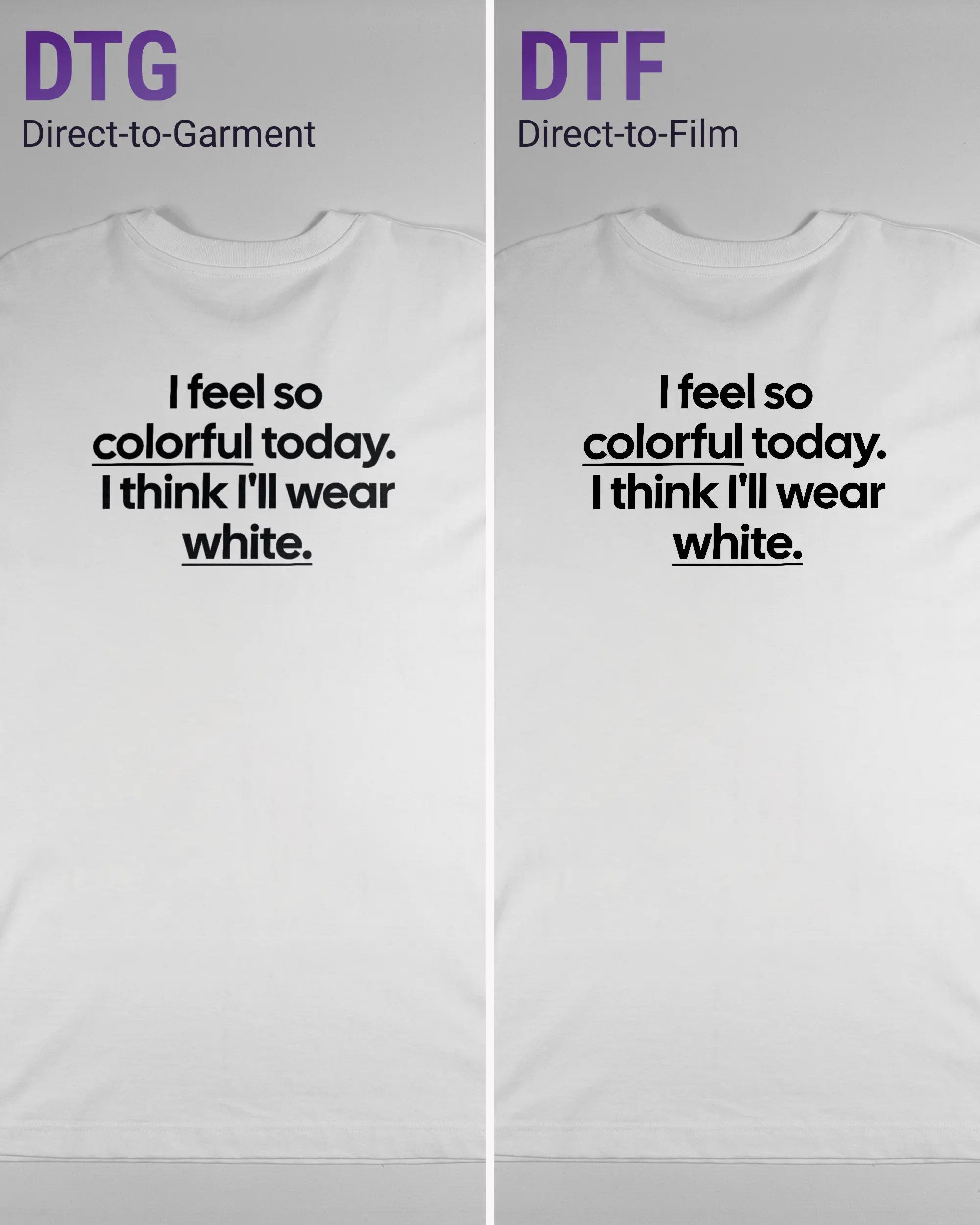 Vergleich der Rückseiten des Organic Unisex T-Shirt Heavy Oversized von Maondo mit dem Design Colorful Day in der Farbe White und in der Größe L links mit dem Direct-to-Garment und rechts mit dem Direct-to-Film Verfahren