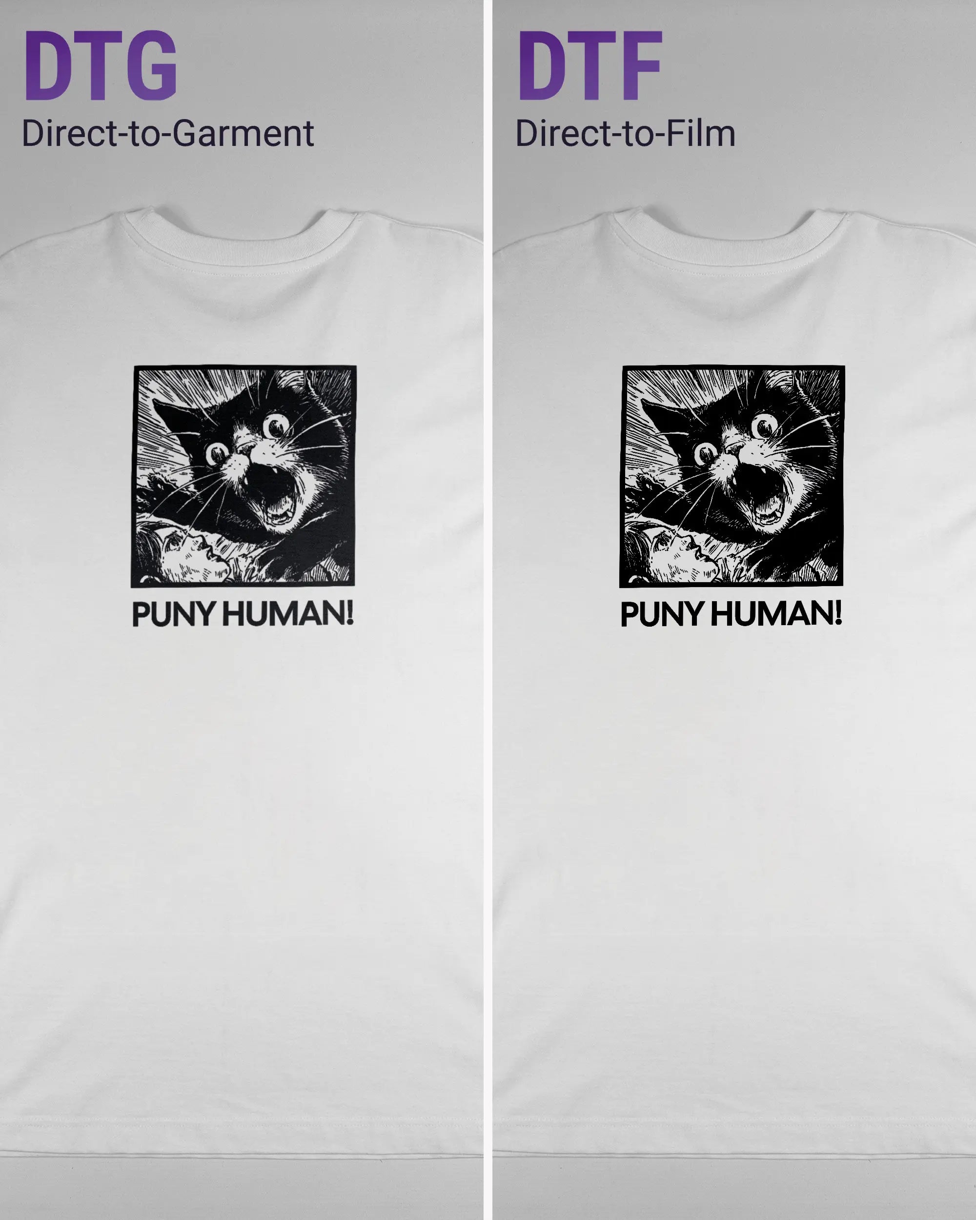 Vergleich der Rückseiten des Organic Unisex T-Shirt Heavy Oversized von Maondo mit dem Design Puny Human in der Farbe White und in der Größe L links mit dem Direct-to-Garment und rechts mit dem Direct-to-Film Verfahren