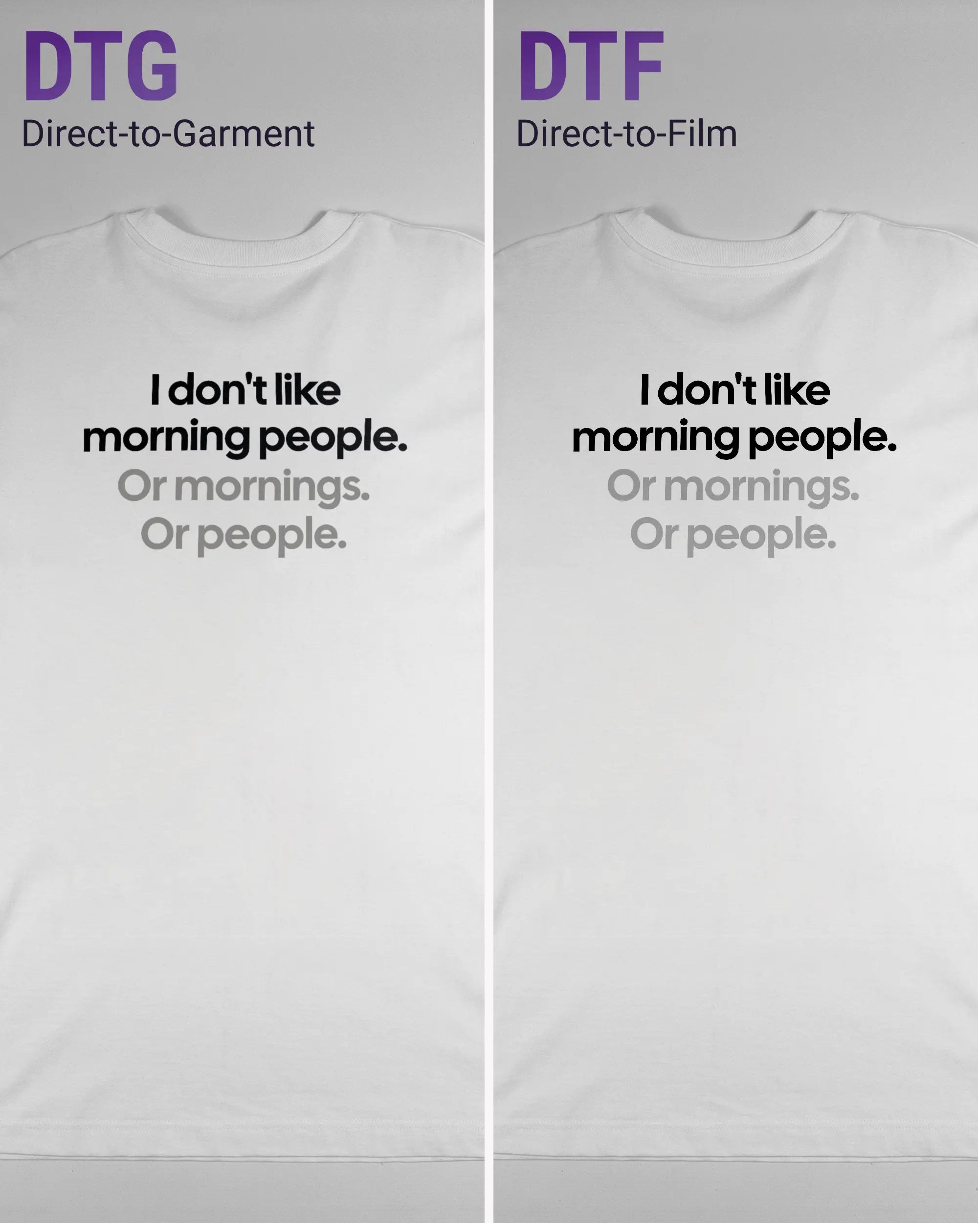 Vergleich der Rückseiten des Organic Unisex T-Shirt Heavy Oversized von Maondo mit dem Design Morning Person in der Farbe White und in der Größe L links mit dem Direct-to-Garment und rechts mit dem Direct-to-Film Verfahren