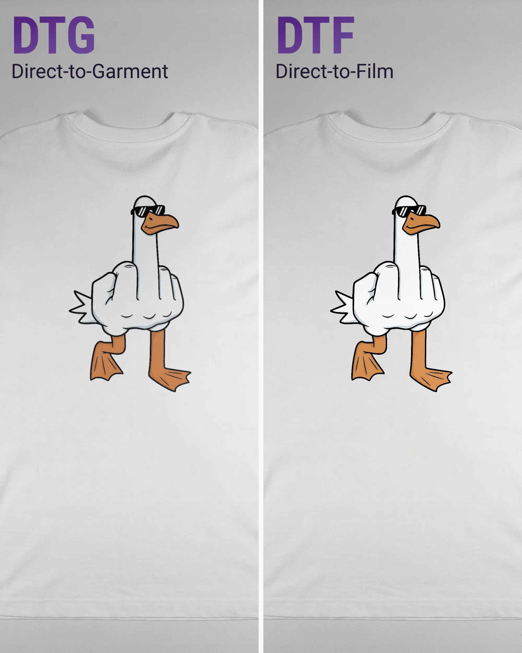 Vergleich der Rückseiten des Organic Unisex T-Shirt Heavy Oversized von Maondo mit dem Design I give a duck in der Farbe White und in der Größe L links mit dem Direct-to-Garment und rechts mit dem Direct-to-Film Verfahren