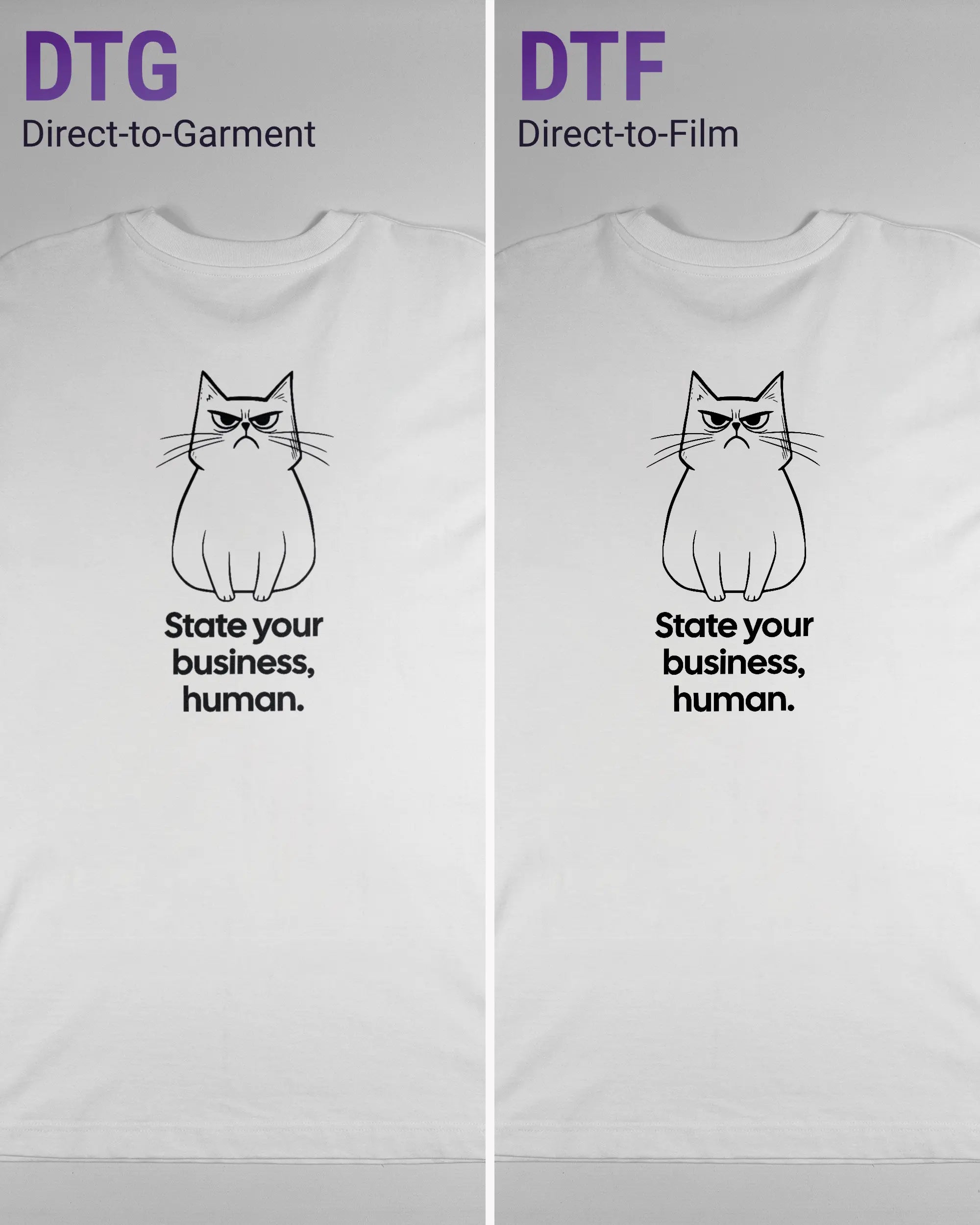Vergleich der Rückseiten des Organic Unisex T-Shirt Heavy Oversized von Maondo mit dem Design Grumpy Purr in der Farbe White und in der Größe L links mit dem Direct-to-Garment und rechts mit dem Direct-to-Film Verfahren