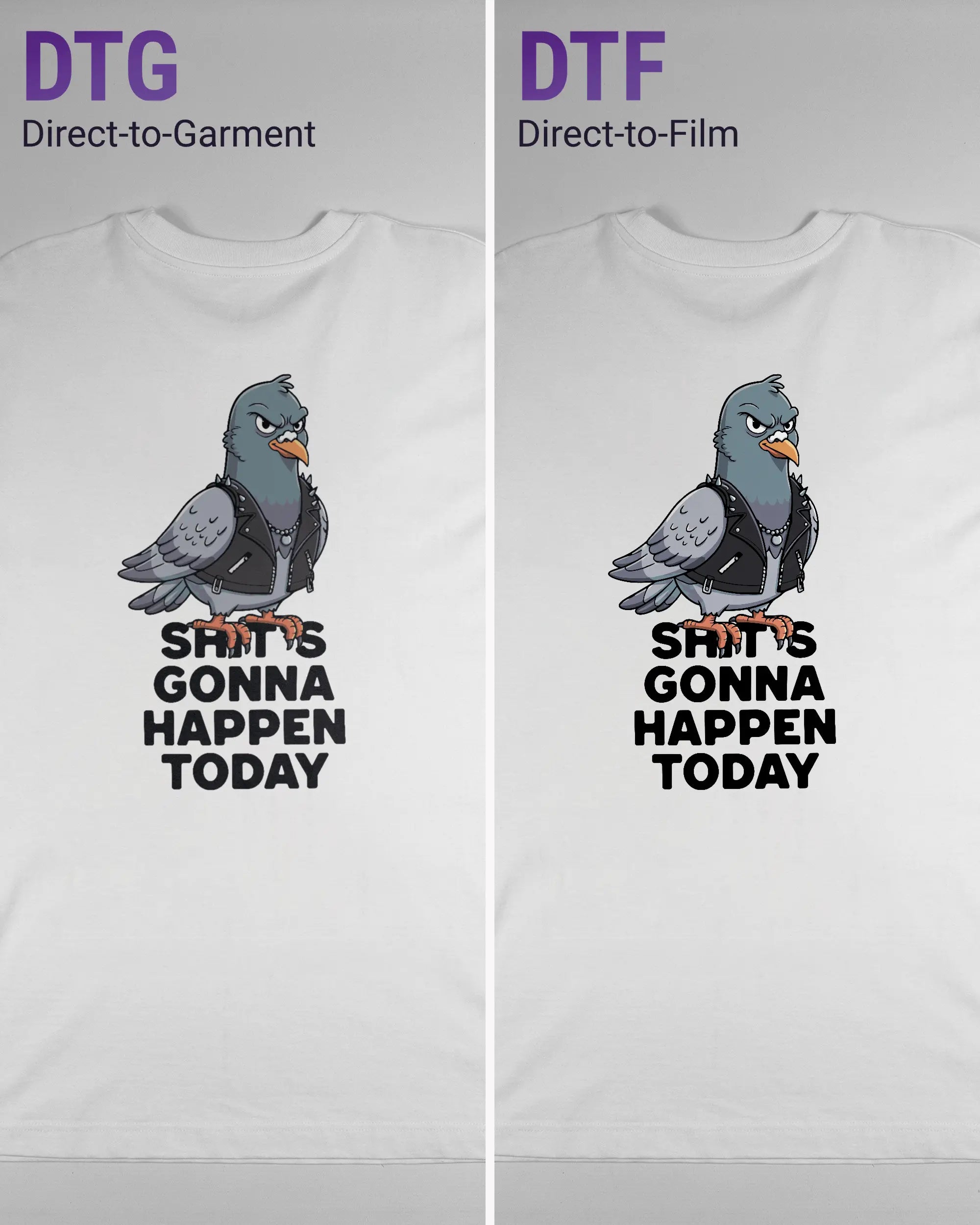 Vergleich der Rückseiten des Organic Unisex T-Shirt Heavy Oversized von Maondo mit dem Design Pigeon Pun in der Farbe White und in der Größe L links mit dem Direct-to-Garment und rechts mit dem Direct-to-Film Verfahren
