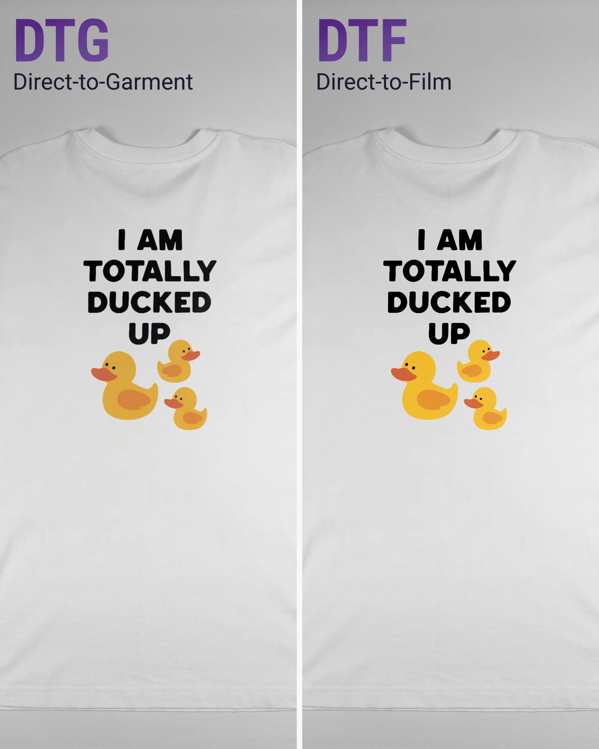 Vergleich der Rückseiten des Organic Unisex T-Shirt Heavy Oversized von Maondo mit dem Design Ducked Up in der Farbe White und in der Größe L links mit dem Direct-to-Garment und rechts mit dem Direct-to-Film Verfahren