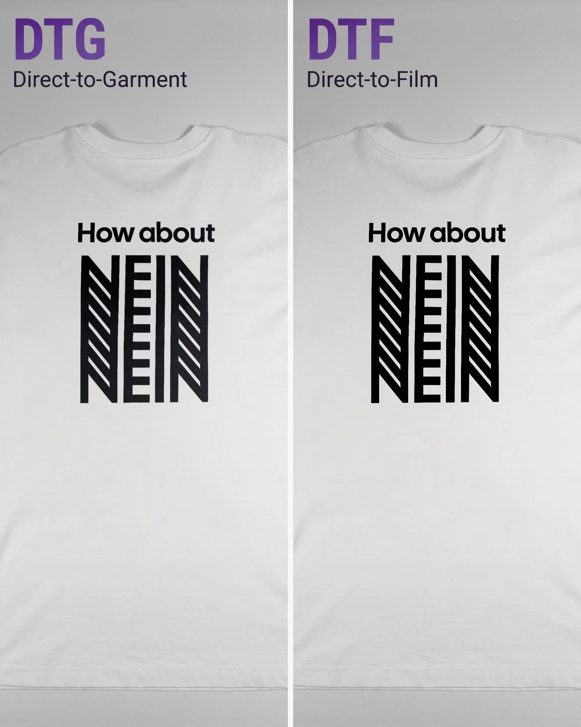 Vergleich der Rückseiten des Organic Unisex T-Shirt Heavy Oversized von Maondo mit dem Design How about nein in der Farbe White und in der Größe L links mit dem Direct-to-Garment und rechts mit dem Direct-to-Film Verfahren