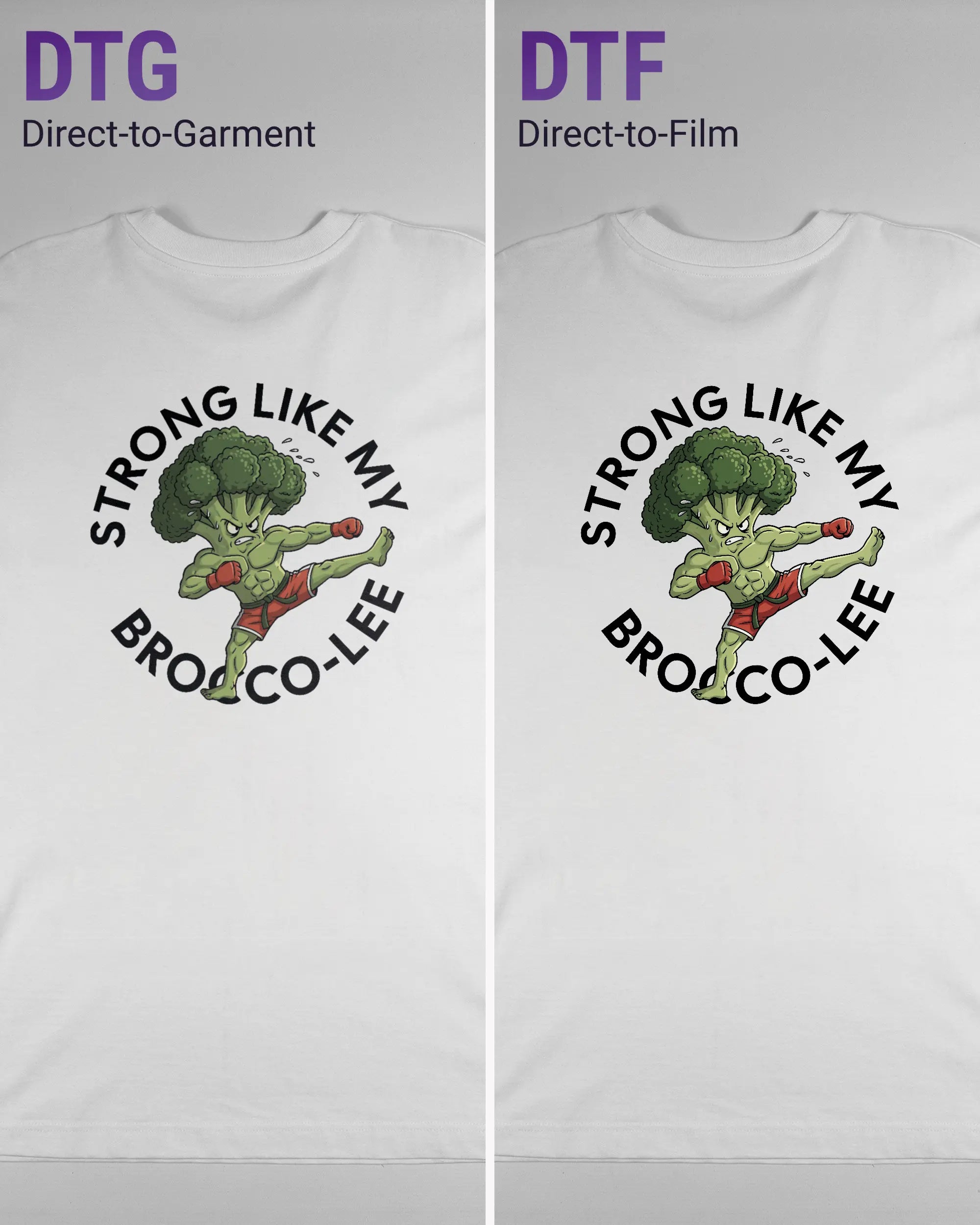 Vergleich der Rückseiten des Organic Unisex T-Shirt Heavy Oversized von Maondo mit dem Design Brocco-Lee in der Farbe White und in der Größe L links mit dem Direct-to-Garment und rechts mit dem Direct-to-Film Verfahren
