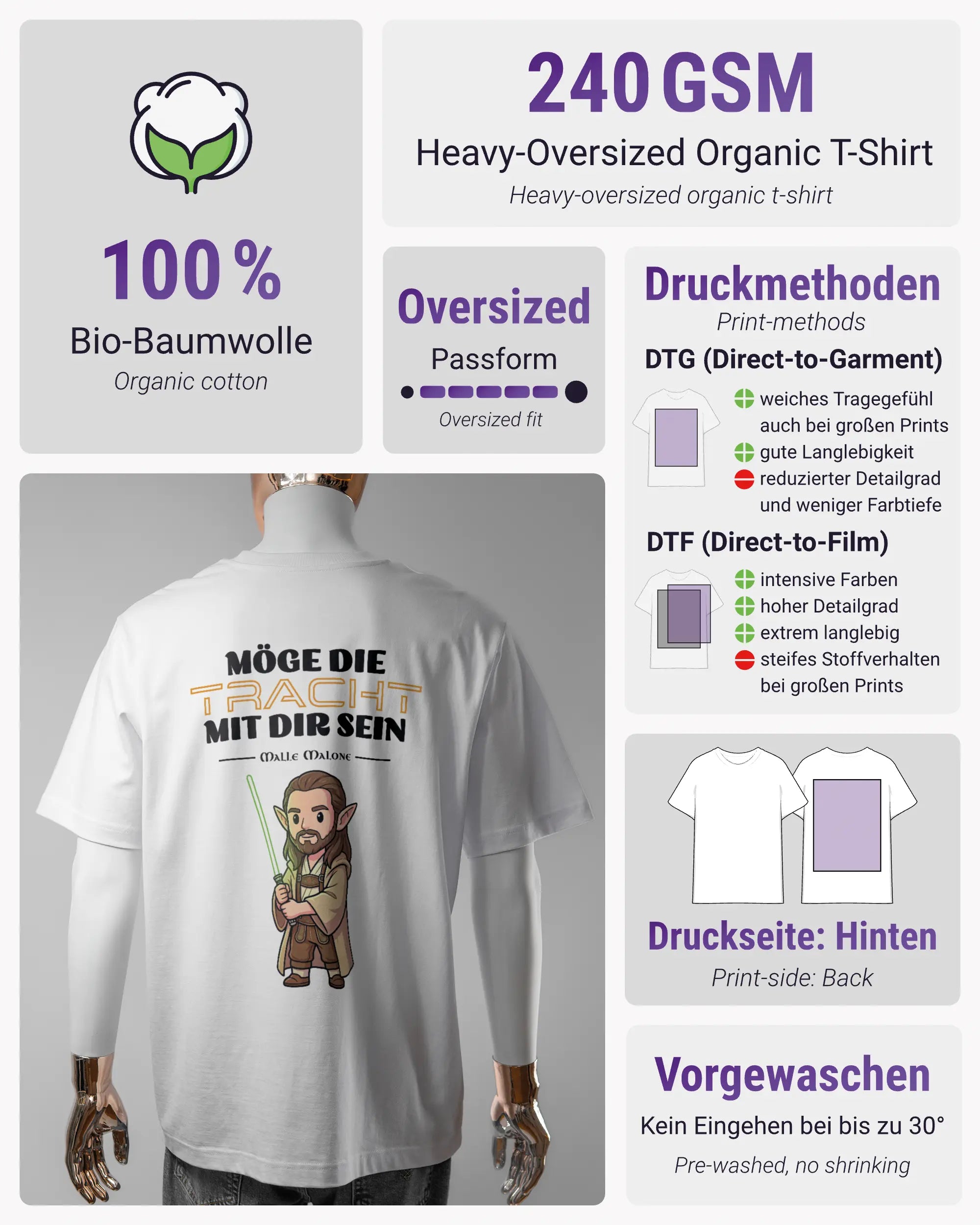 Produktinformationsblatt des Organic Unisex T-Shirt Heavy Oversized von Maondo mit dem Design Tracht mit dir hinten in der Farbe White und in der Größe L