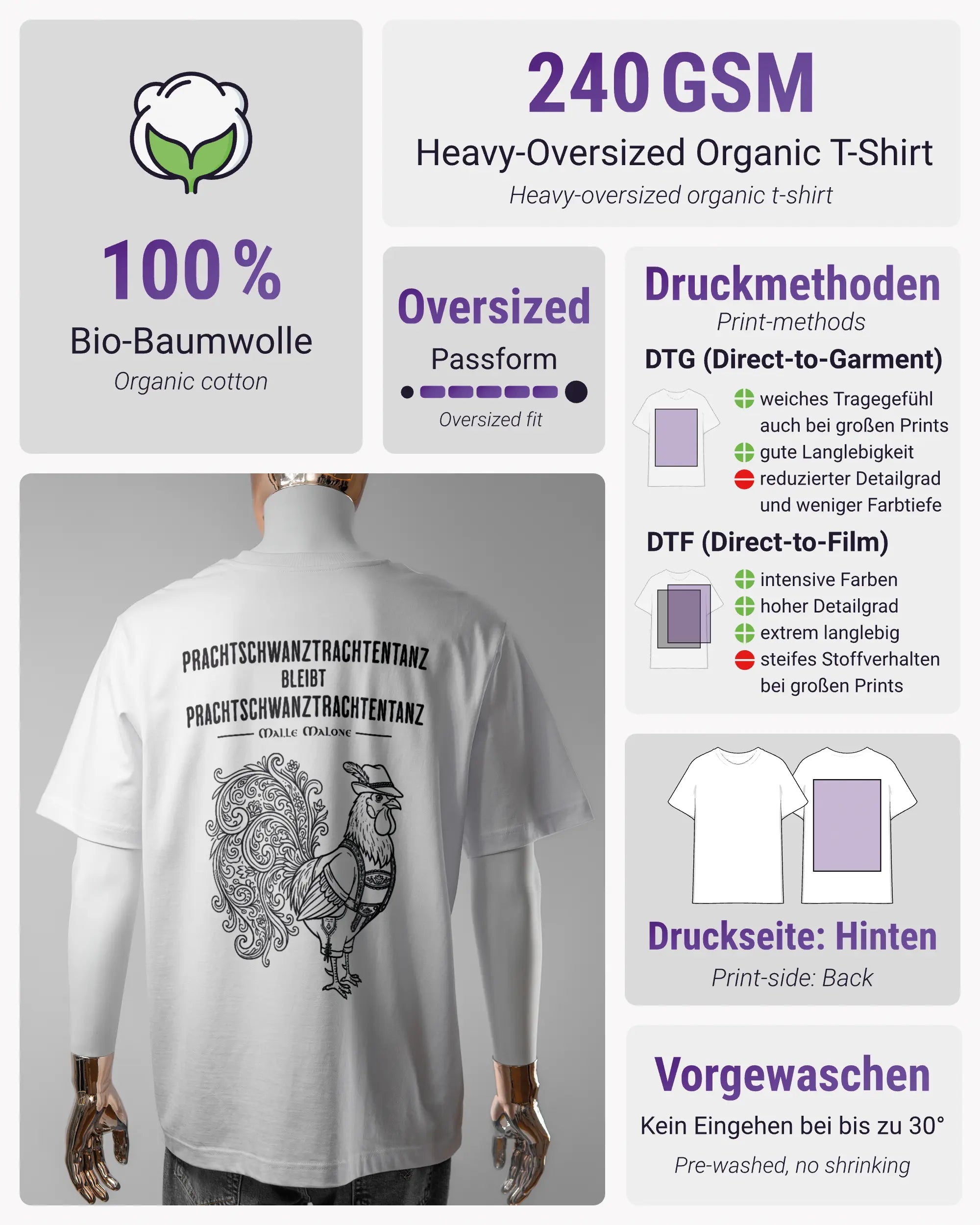 Produktinformationsblatt des Organic Unisex T-Shirt Heavy Oversized von Maondo mit dem Design Trachtentanz hinten in der Farbe White und in der Größe L