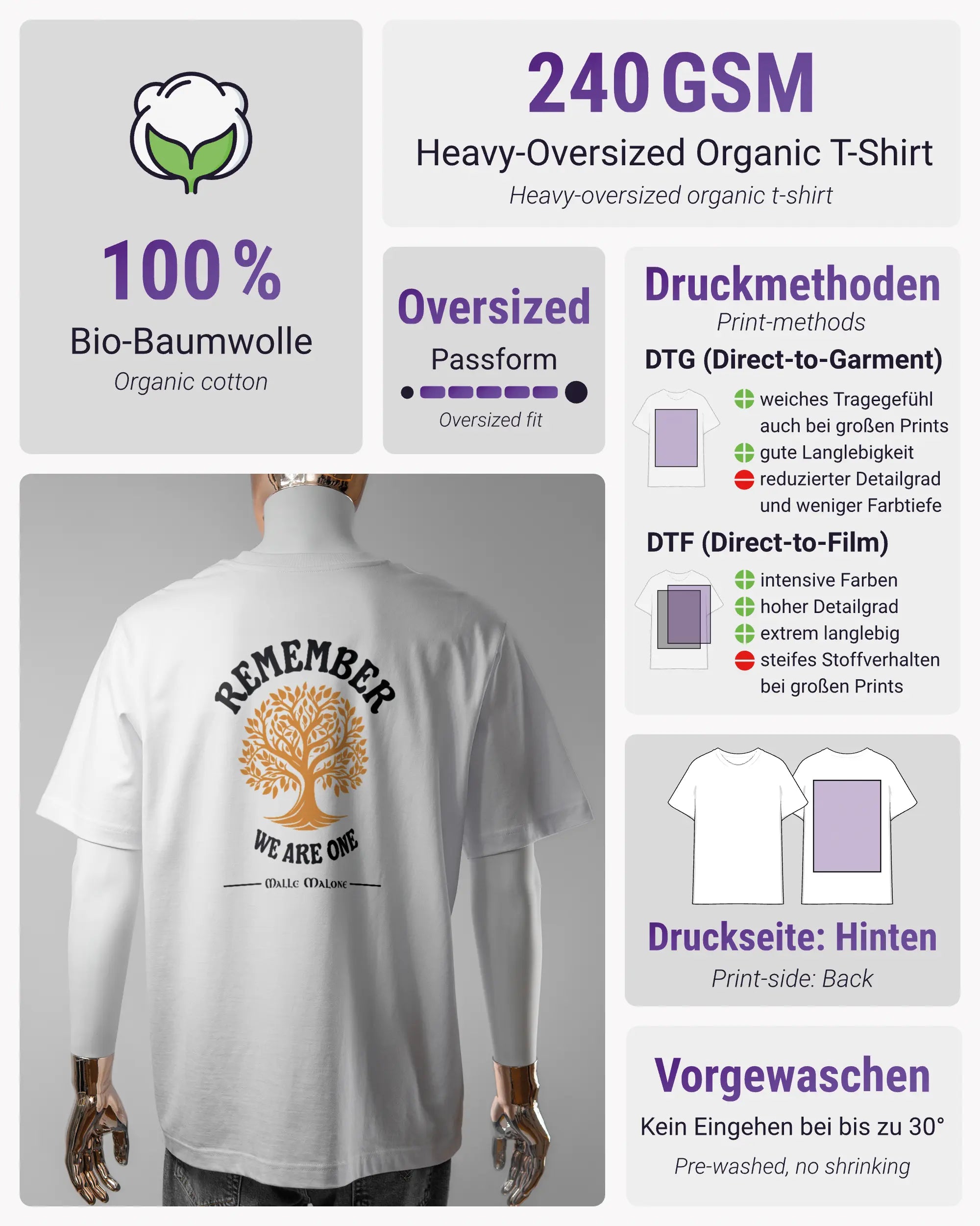 Produktinformationsblatt des Organic Unisex T-Shirt Heavy Oversized von Maondo mit dem Design We are one hinten in der Farbe White und in der Größe L
