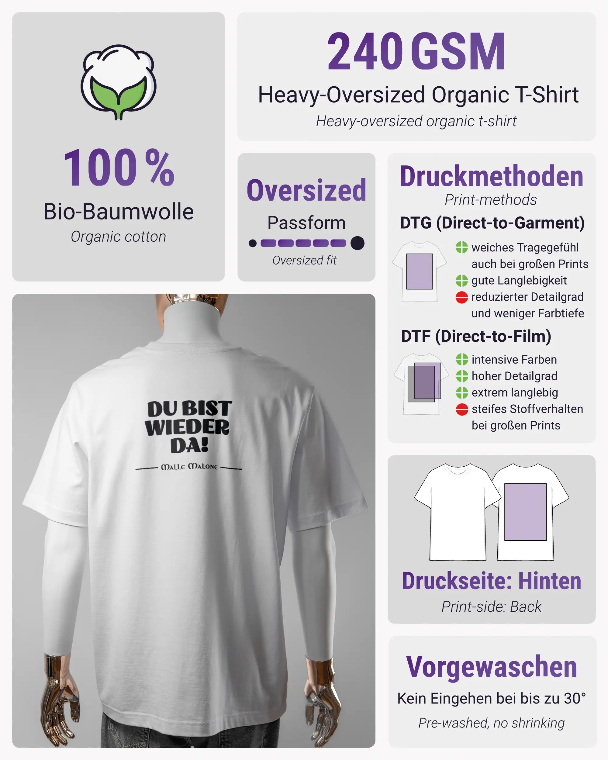 Produktinformationsblatt des Organic Unisex T-Shirt Heavy Oversized von Maondo mit dem Design Wieder da hinten in der Farbe White und in der Größe L