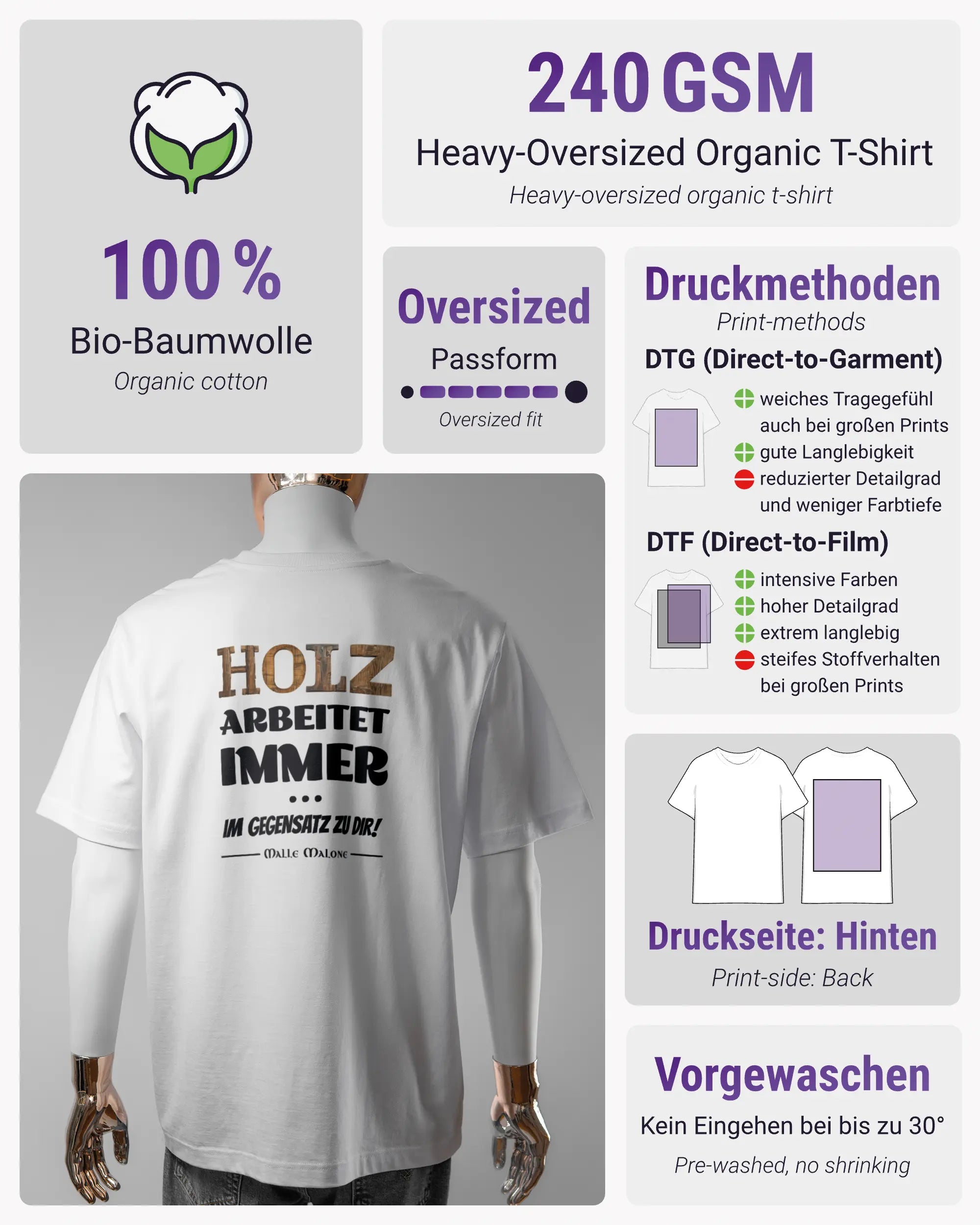 Produktinformationsblatt des Organic Unisex T-Shirt Heavy Oversized von Maondo mit dem Design Holzarbeit hinten in der Farbe White und in der Größe L
