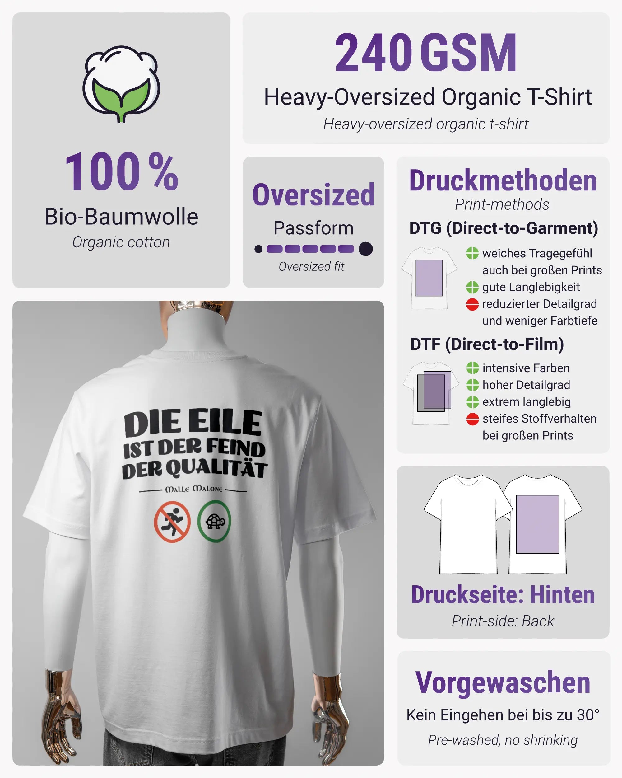Produktinformationsblatt des Organic Unisex T-Shirt Heavy Oversized von Maondo mit dem Design Keine Eile hinten in der Farbe White und in der Größe L