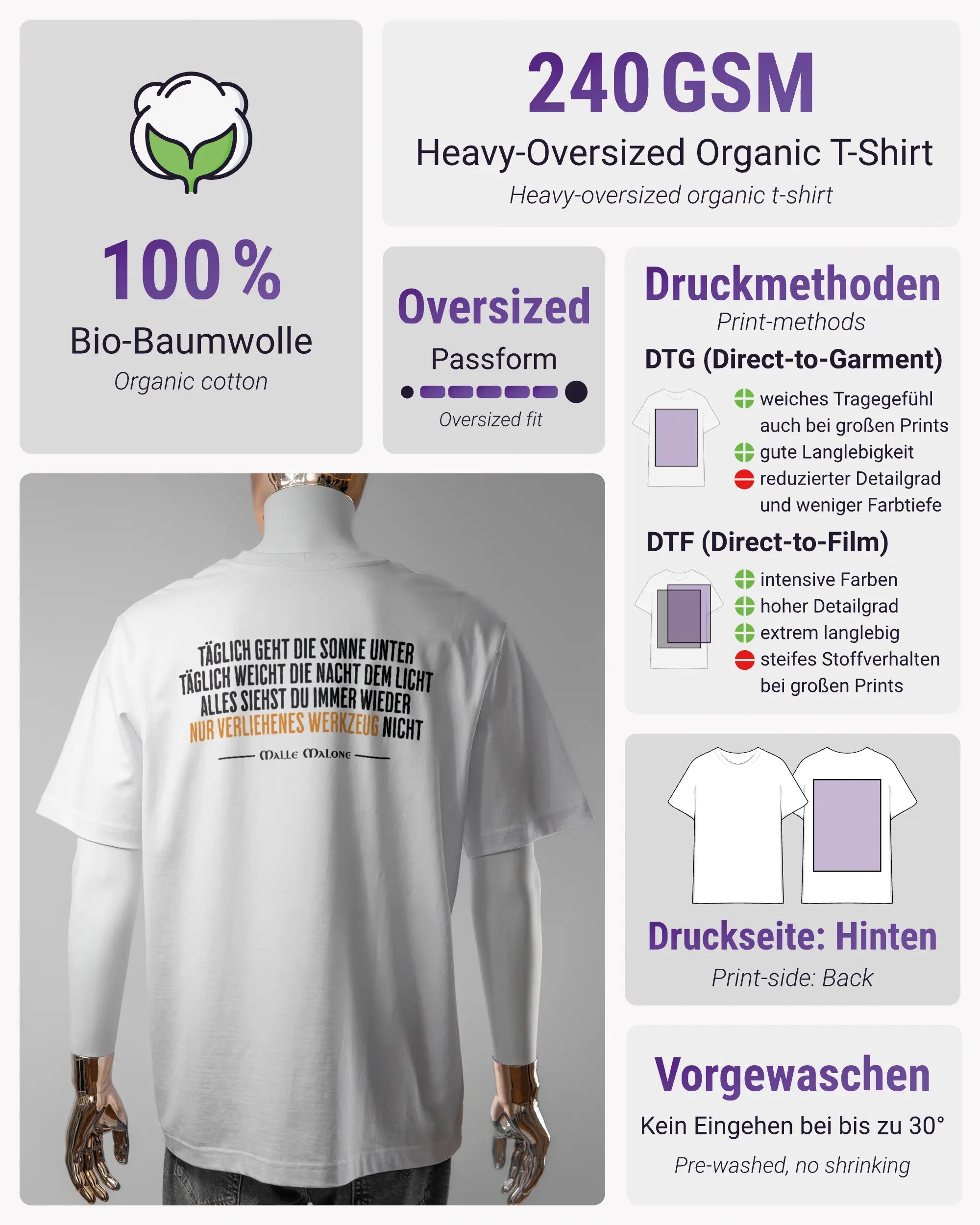 Produktinformationsblatt des Organic Unisex T-Shirt Heavy Oversized von Maondo mit dem Design Wegzeug hinten in der Farbe White und in der Größe L