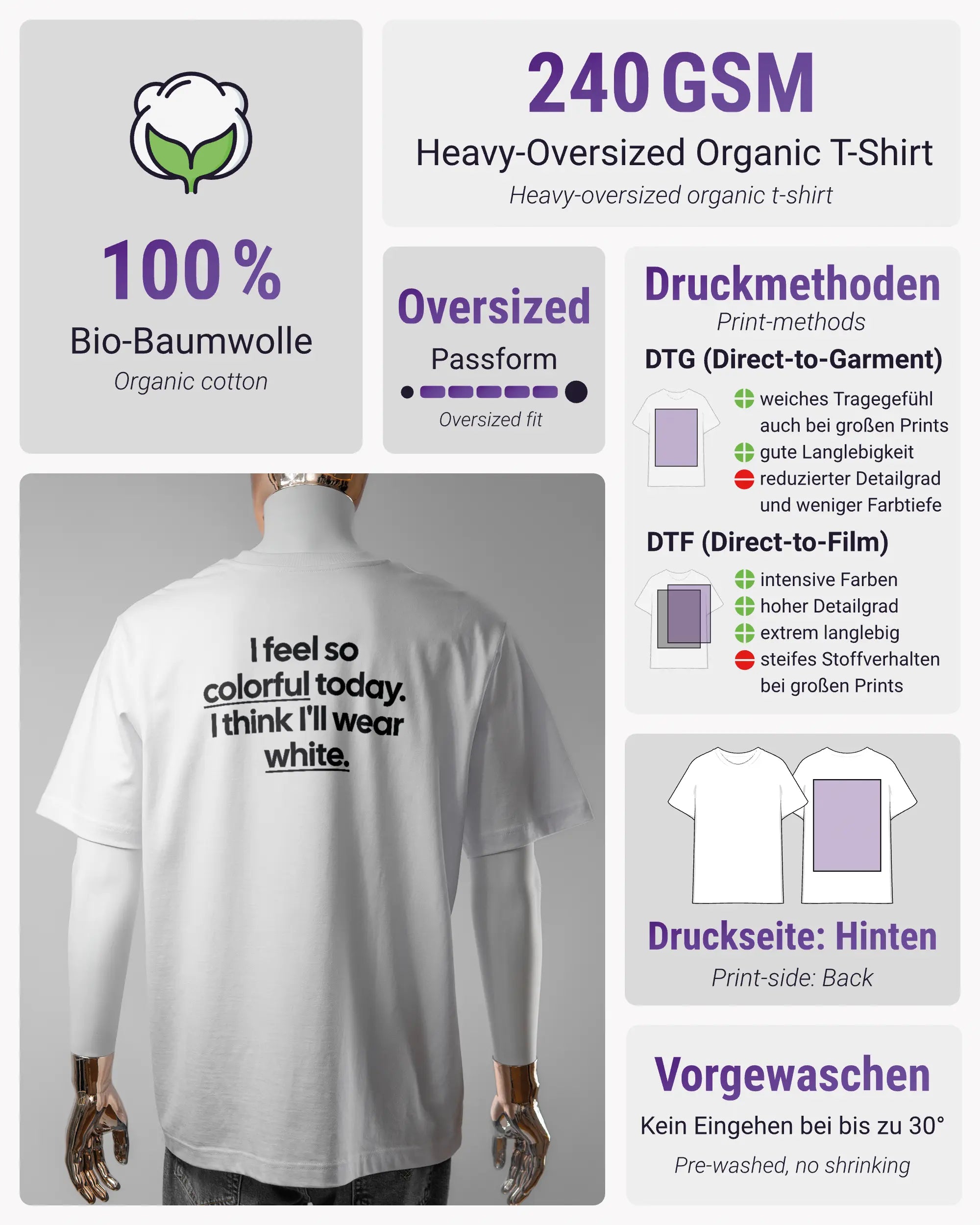 Produktinformationsblatt des Organic Unisex T-Shirt Heavy Oversized von Maondo mit dem Design Colorful Day hinten in der Farbe White und in der Größe L