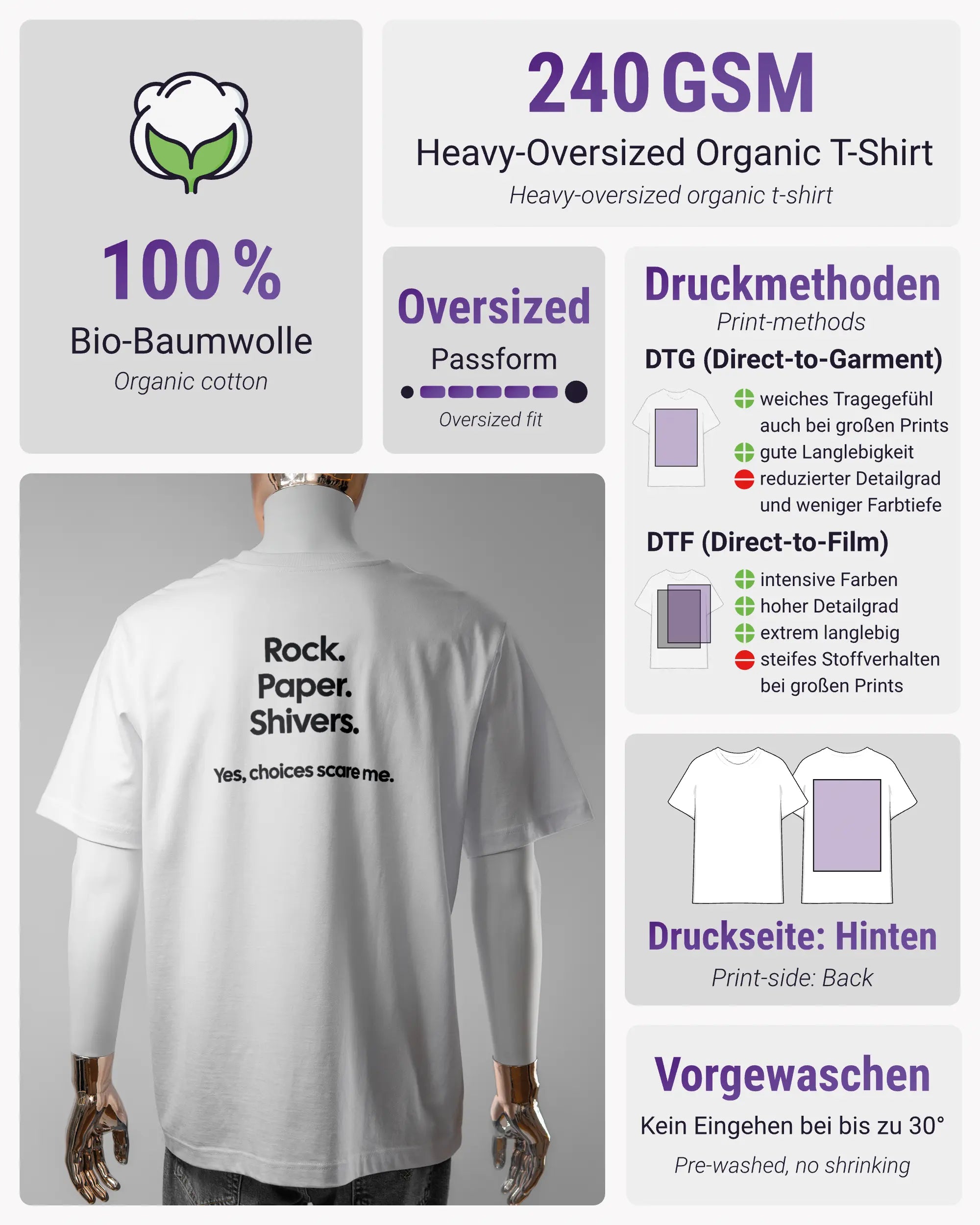 Produktinformationsblatt des Organic Unisex T-Shirt Heavy Oversized von Maondo mit dem Design Rock Paper Shivers hinten in der Farbe White und in der Größe L