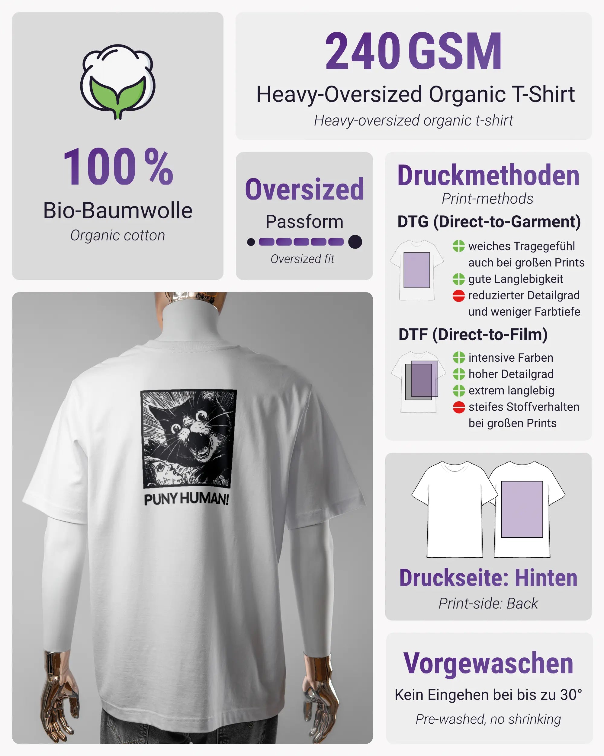 Produktinformationsblatt des Organic Unisex T-Shirt Heavy Oversized von Maondo mit dem Design Puny Human hinten in der Farbe White und in der Größe L