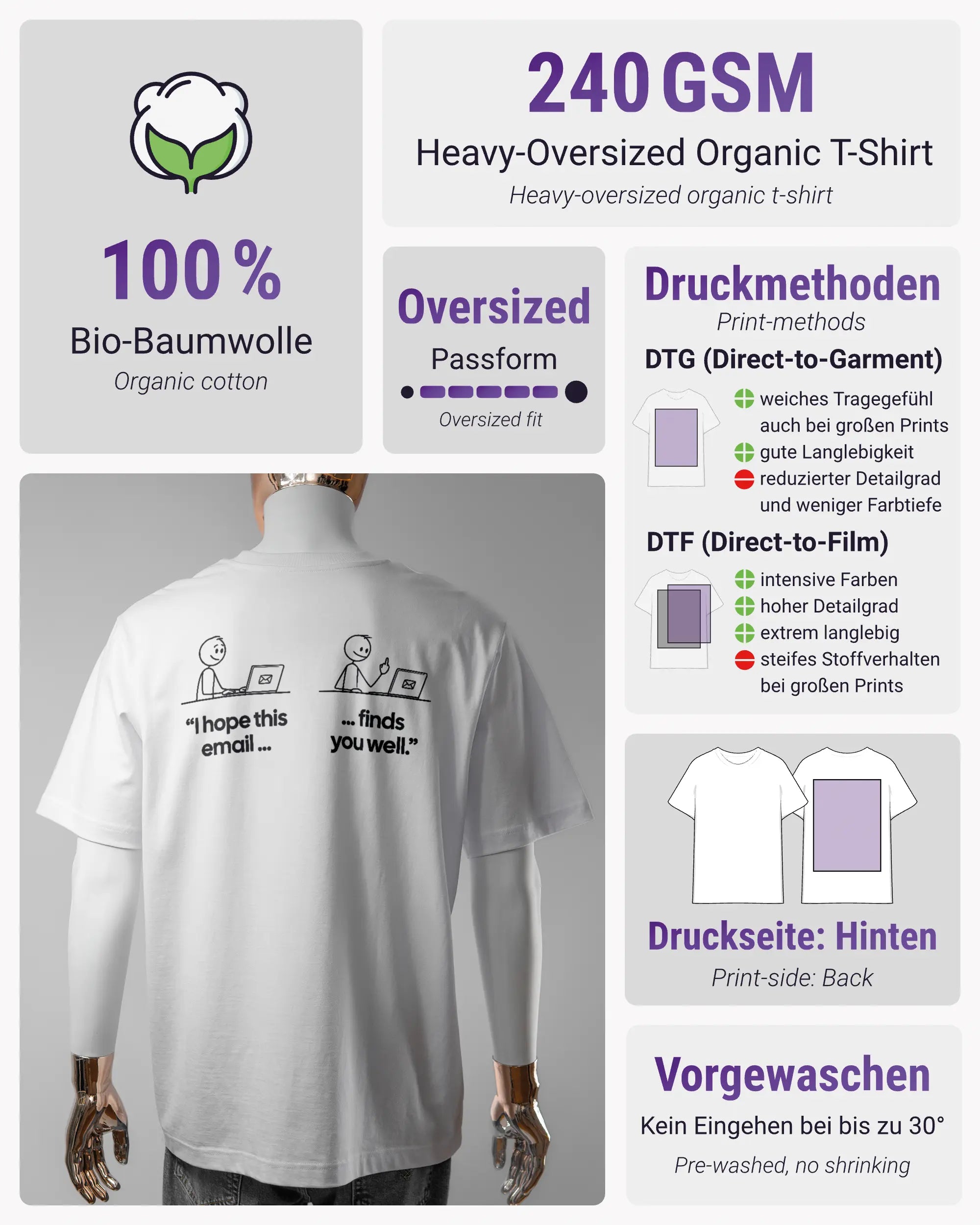 Produktinformationsblatt des Organic Unisex T-Shirt Heavy Oversized von Maondo mit dem Design Found me not well hinten in der Farbe White und in der Größe L