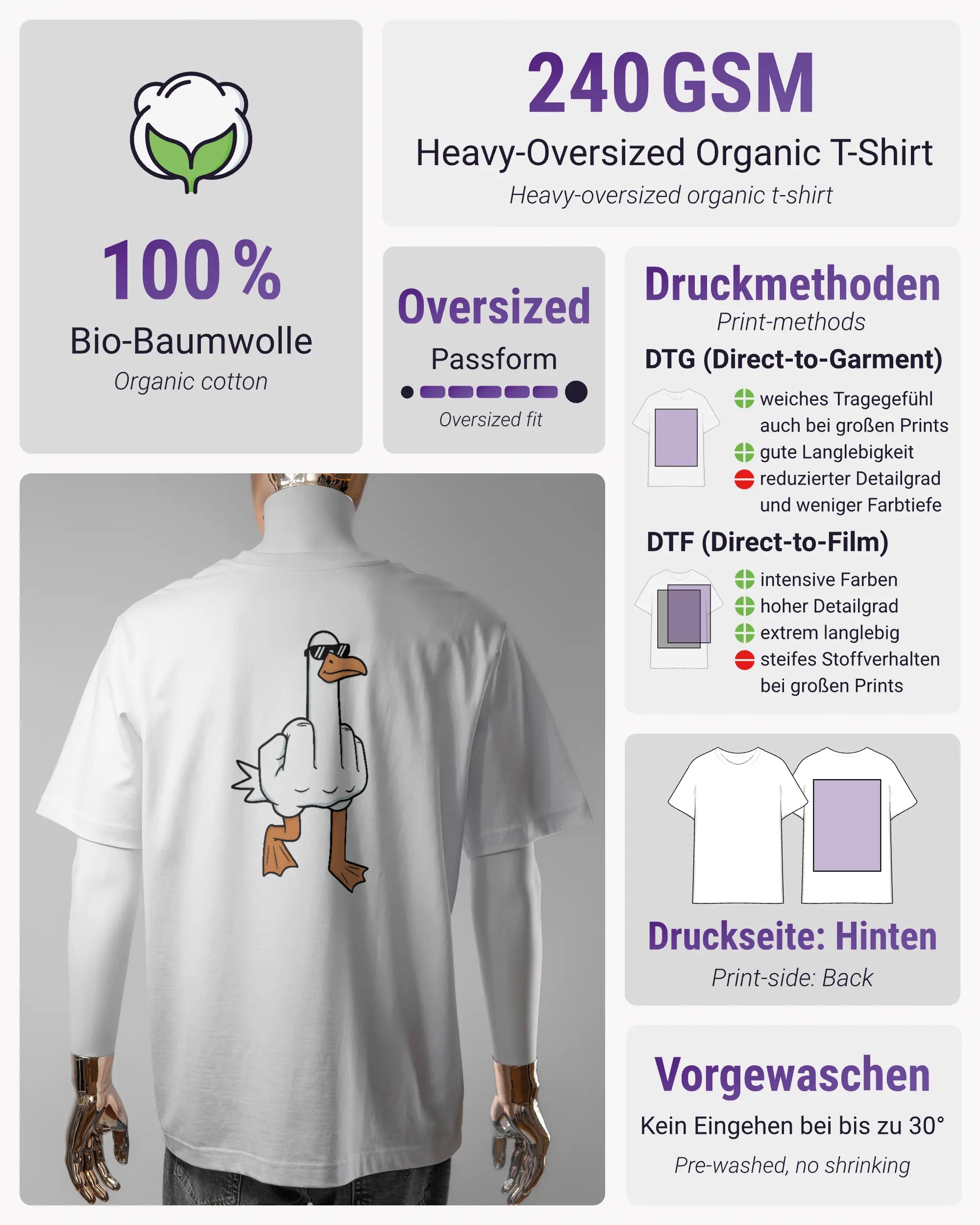 Produktinformationsblatt des Organic Unisex T-Shirt Heavy Oversized von Maondo mit dem Design I give a duck hinten in der Farbe White und in der Größe L