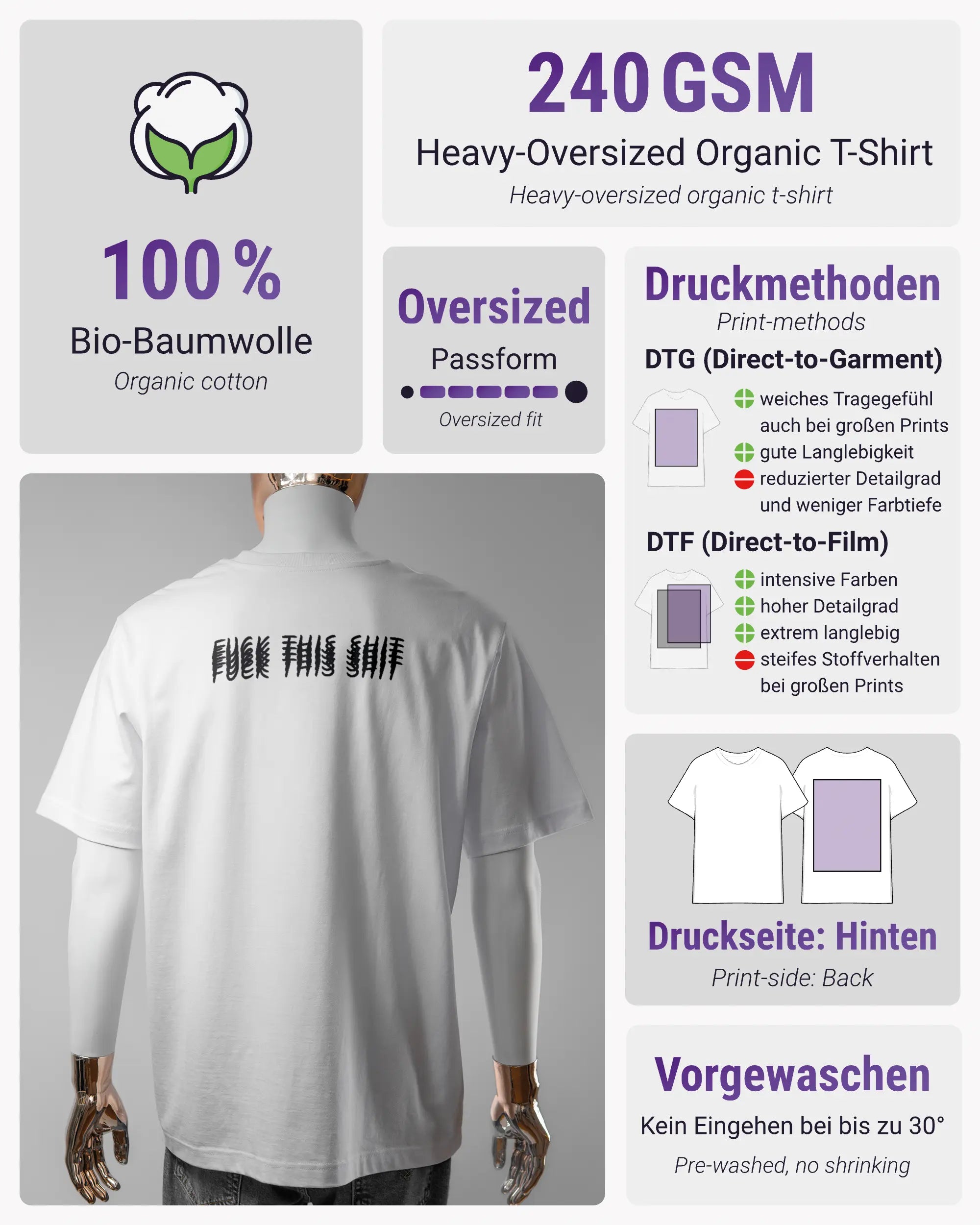 Produktinformationsblatt des Organic Unisex T-Shirt Heavy Oversized von Maondo mit dem Design Hidden Message hinten in der Farbe White und in der Größe L