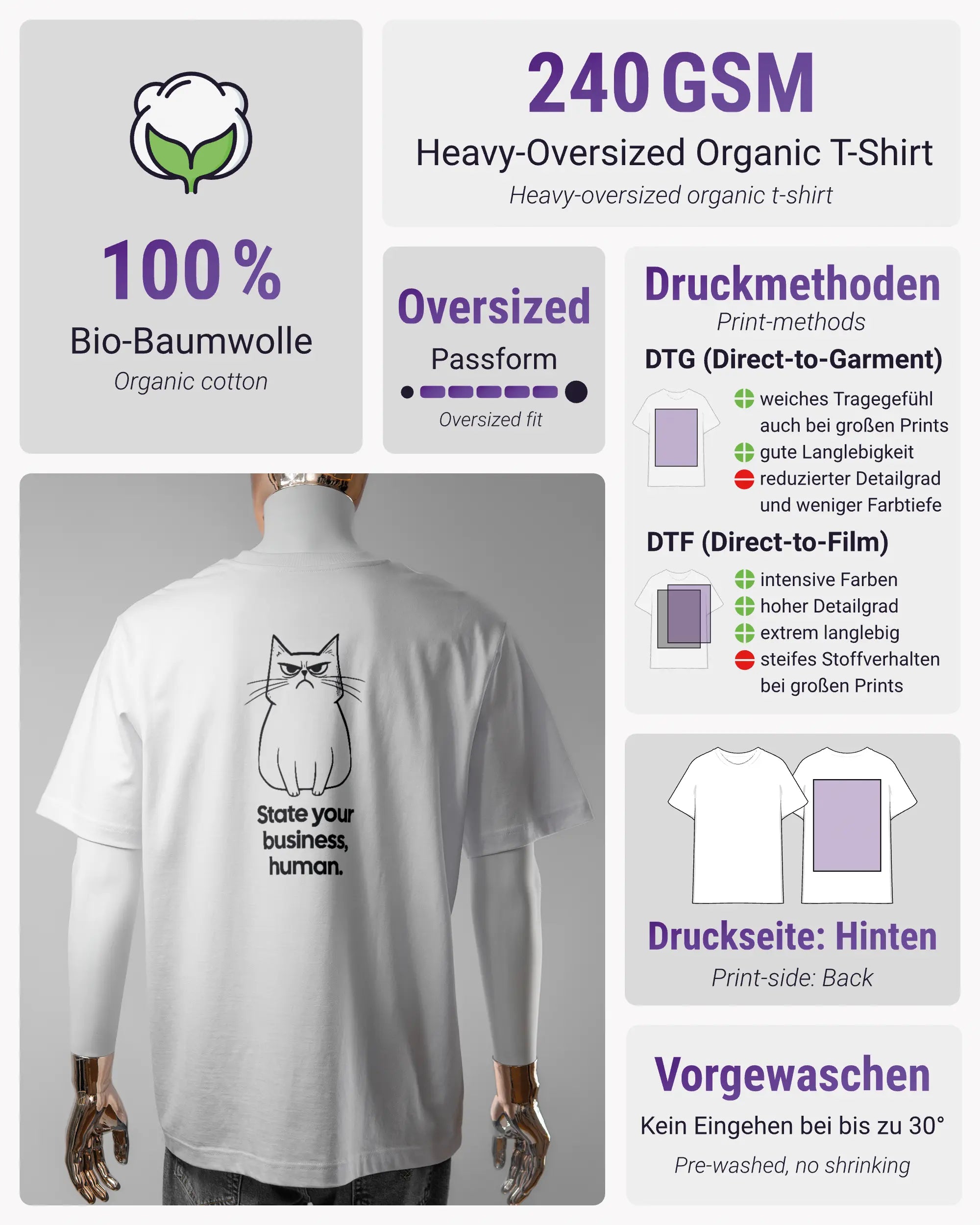 Produktinformationsblatt des Organic Unisex T-Shirt Heavy Oversized von Maondo mit dem Design Grumpy Purr hinten in der Farbe White und in der Größe L