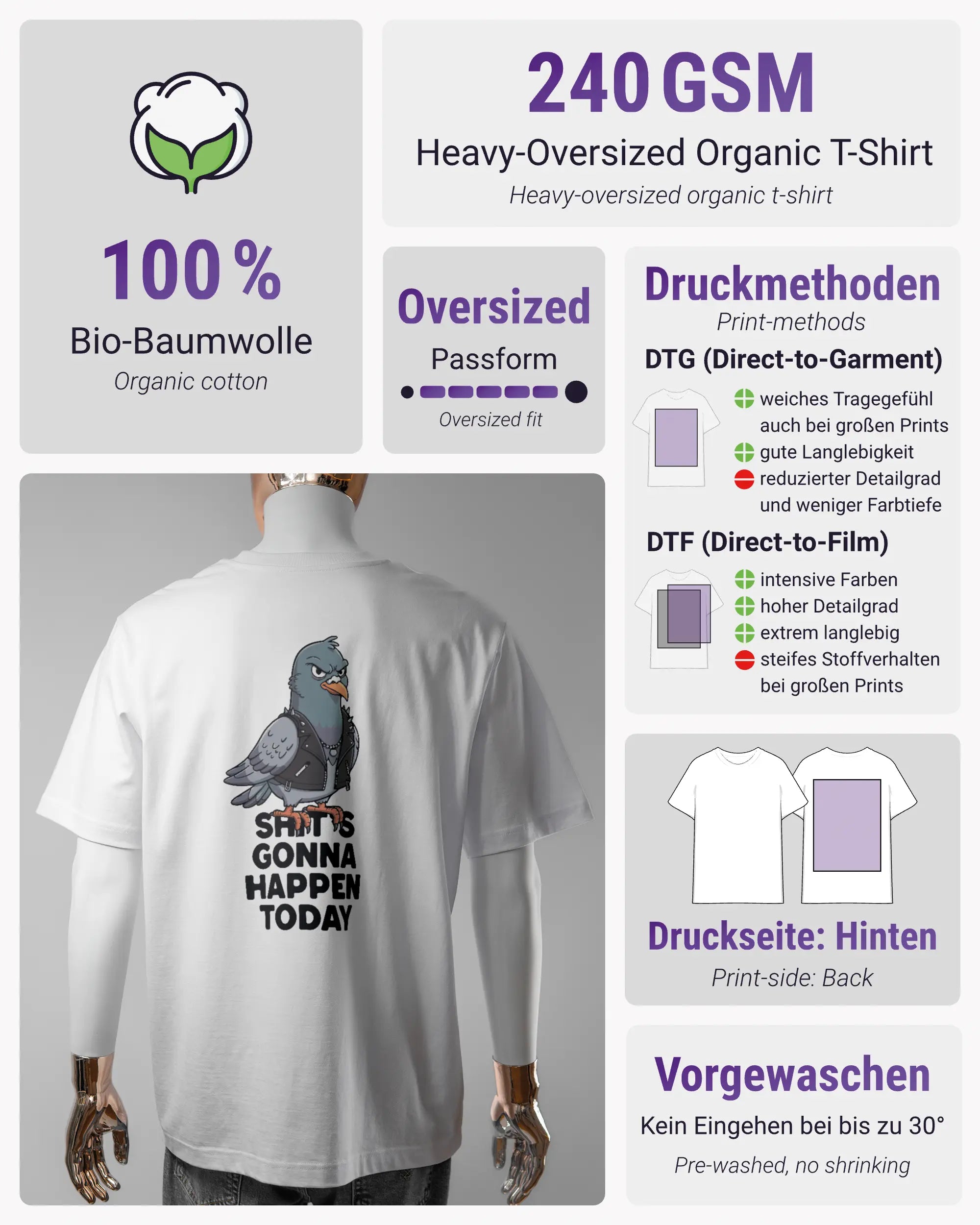 Produktinformationsblatt des Organic Unisex T-Shirt Heavy Oversized von Maondo mit dem Design Pigeon Pun hinten in der Farbe White und in der Größe L