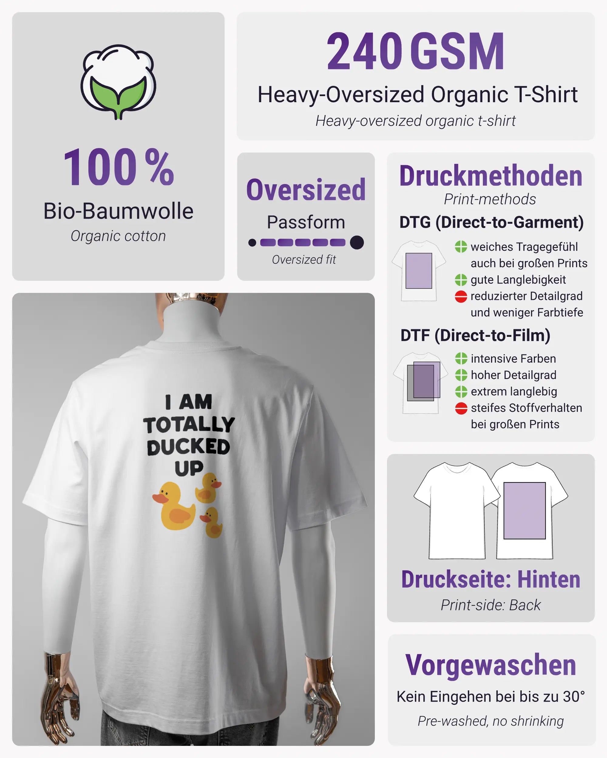 Produktinformationsblatt des Organic Unisex T-Shirt Heavy Oversized von Maondo mit dem Design Ducked Up hinten in der Farbe White und in der Größe L