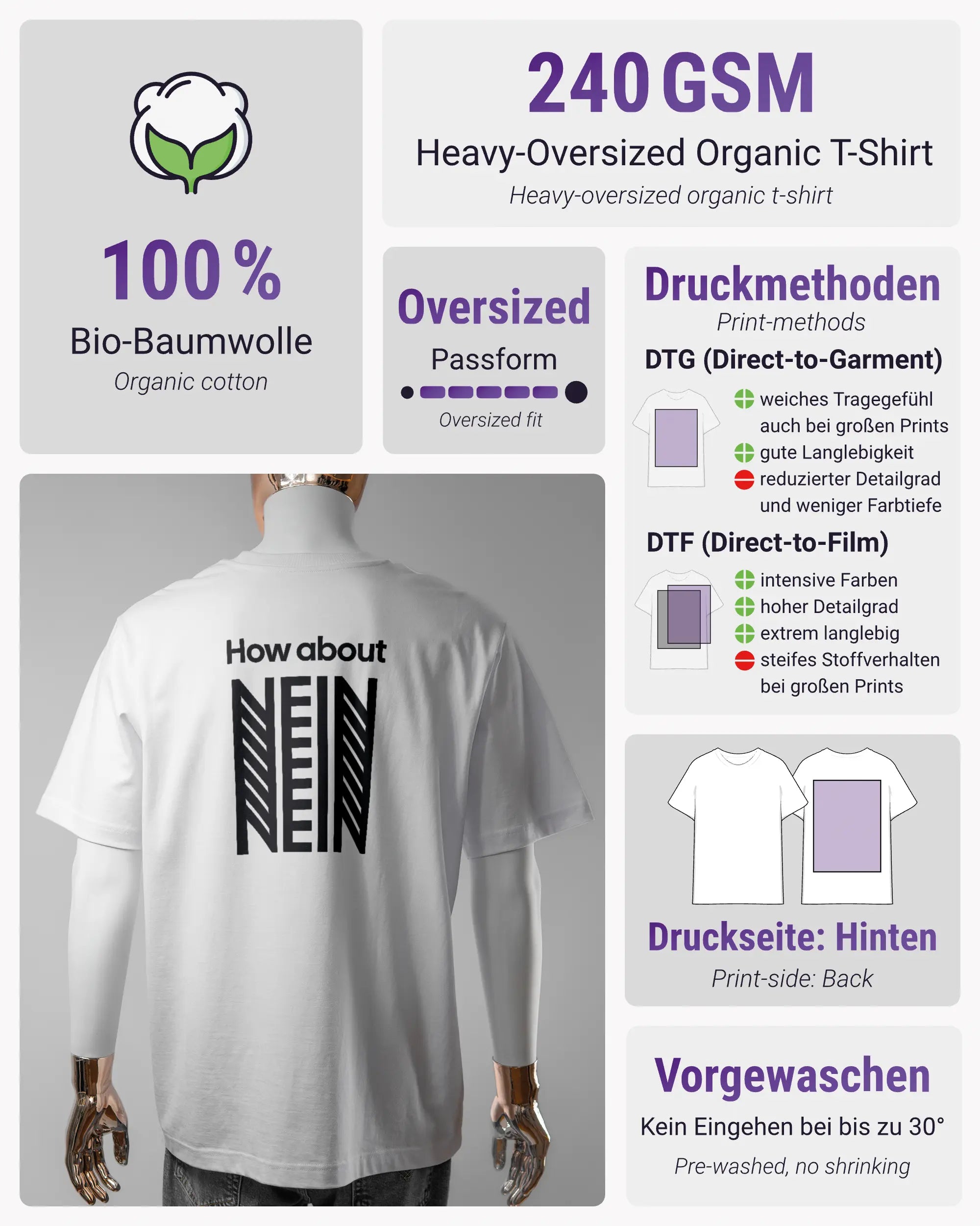 Produktinformationsblatt des Organic Unisex T-Shirt Heavy Oversized von Maondo mit dem Design How about nein hinten in der Farbe White und in der Größe L