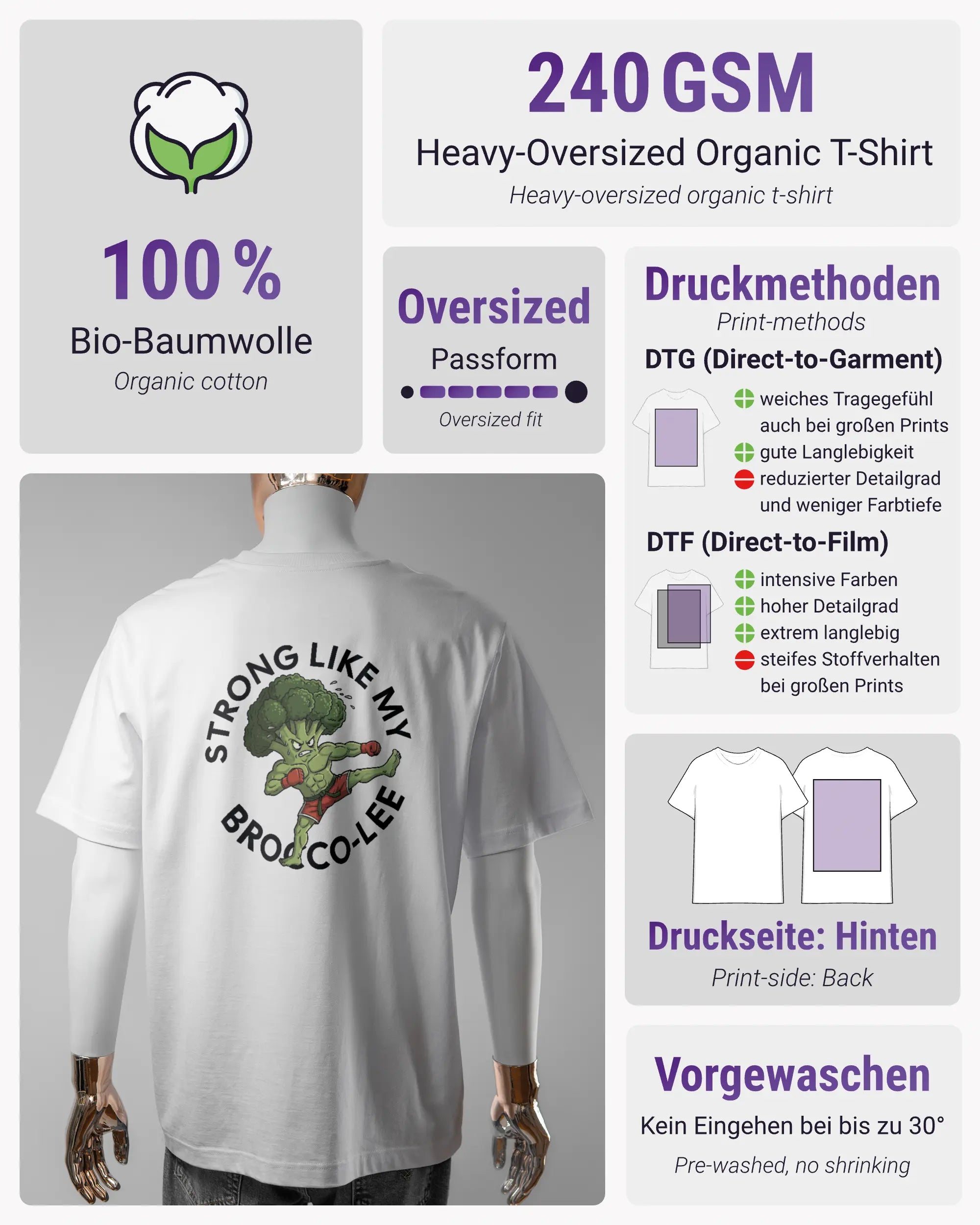 Produktinformationsblatt des Organic Unisex T-Shirt Heavy Oversized von Maondo mit dem Design Brocco-Lee hinten in der Farbe White und in der Größe L