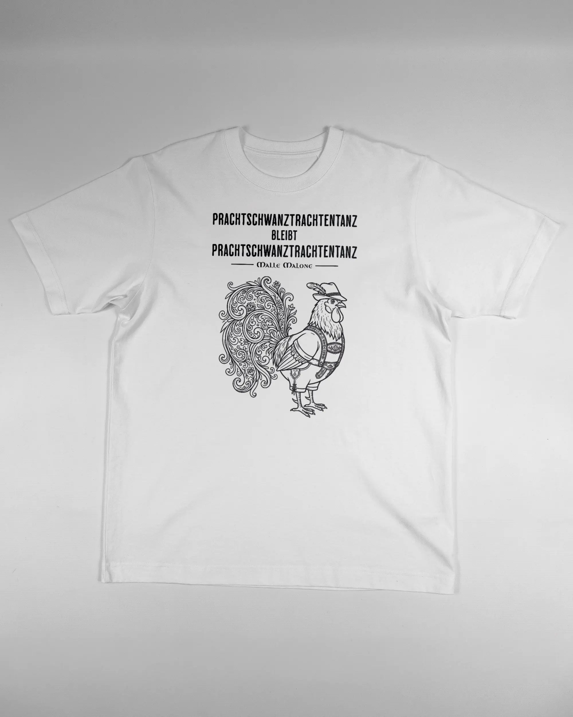Vorderseite des Organic Unisex T-Shirt Heavy Oversized von Maondo mit dem Design Trachtentanz in der Farbe White und in der Größe S flach auf den Boden gelegt