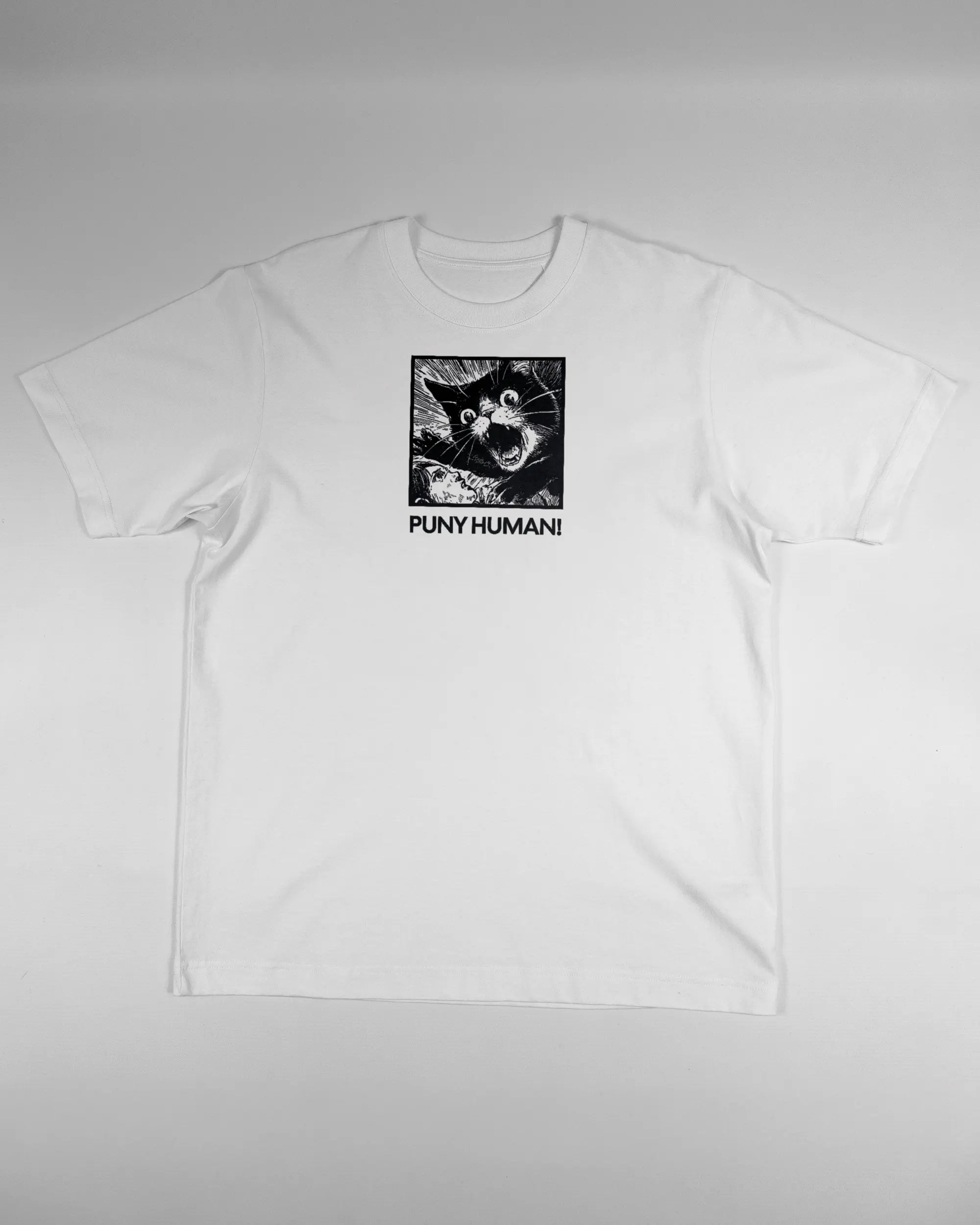 Vorderseite des Organic Unisex T-Shirt Heavy Oversized von Maondo mit dem Design Puny Human in der Farbe White und in der Größe S flach auf den Boden gelegt