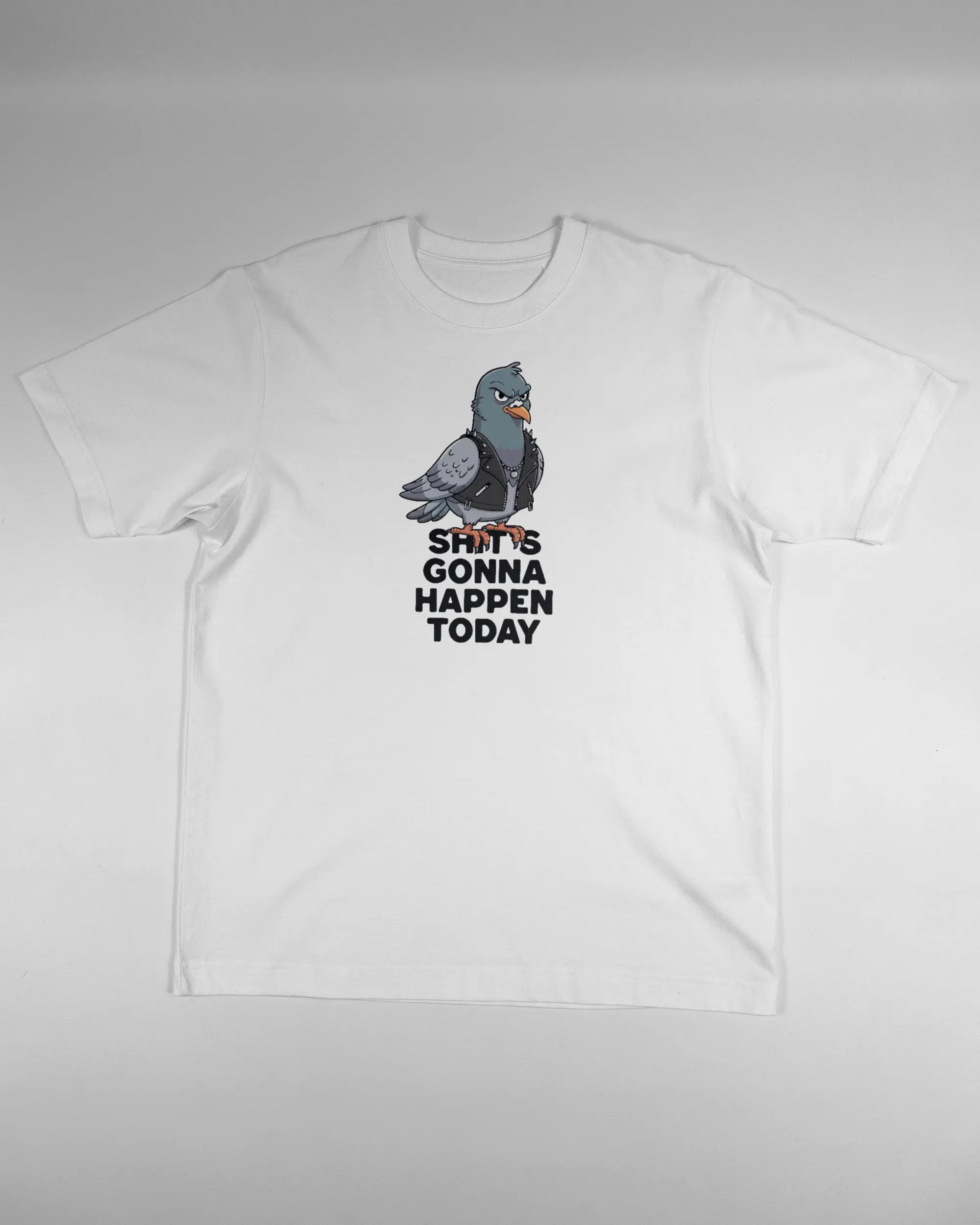 Vorderseite des Organic Unisex T-Shirt Heavy Oversized von Maondo mit dem Design Pigeon Pun in der Farbe White und in der Größe S flach auf den Boden gelegt