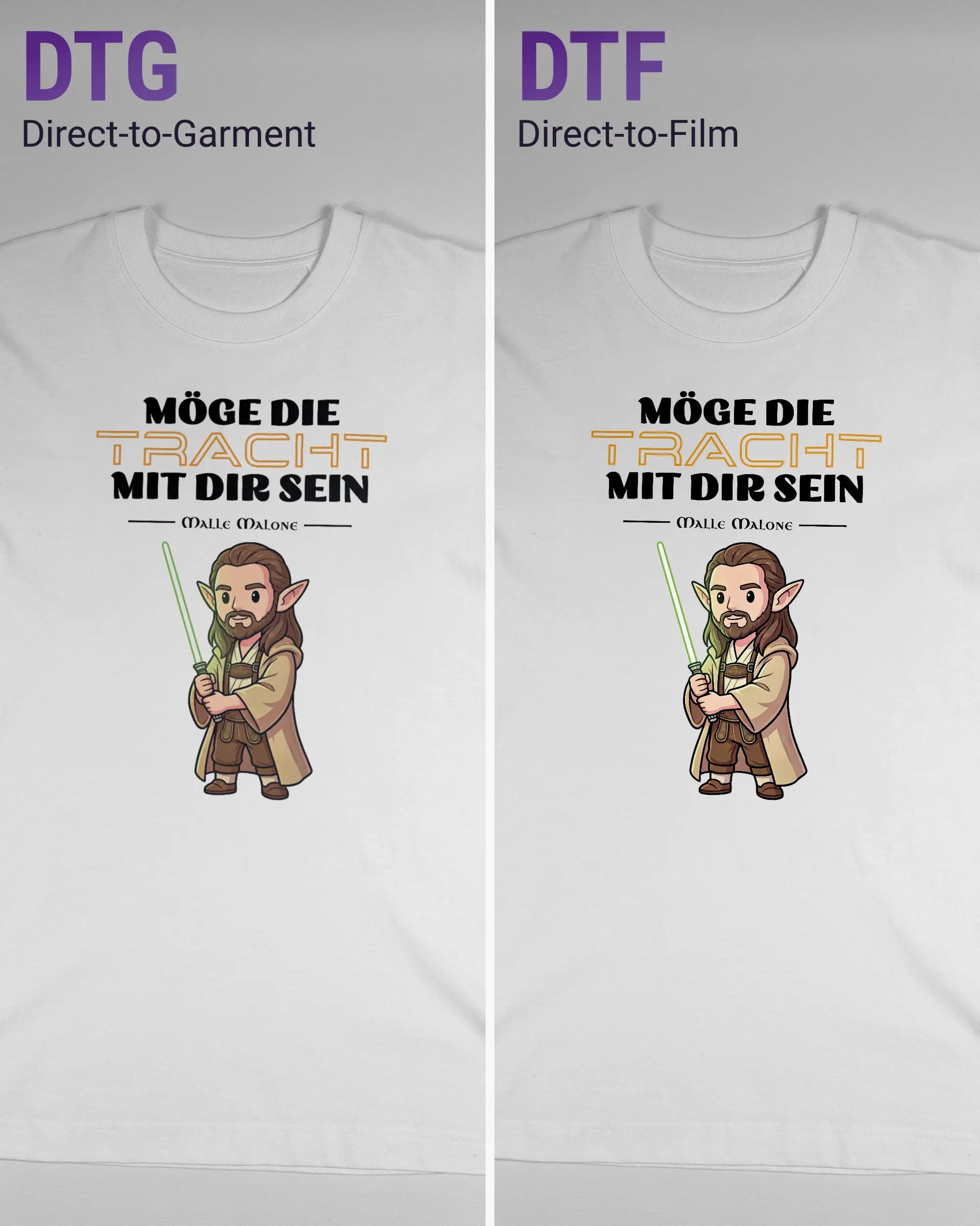 Vergleich der Vorderseiten des Organic Unisex T-Shirt Heavy Oversized von Maondo mit dem Design Tracht mit dir in der Farbe White und in der Größe S links mit dem Direct-to-Garment und rechts mit dem Direct-to-Film Verfahren
