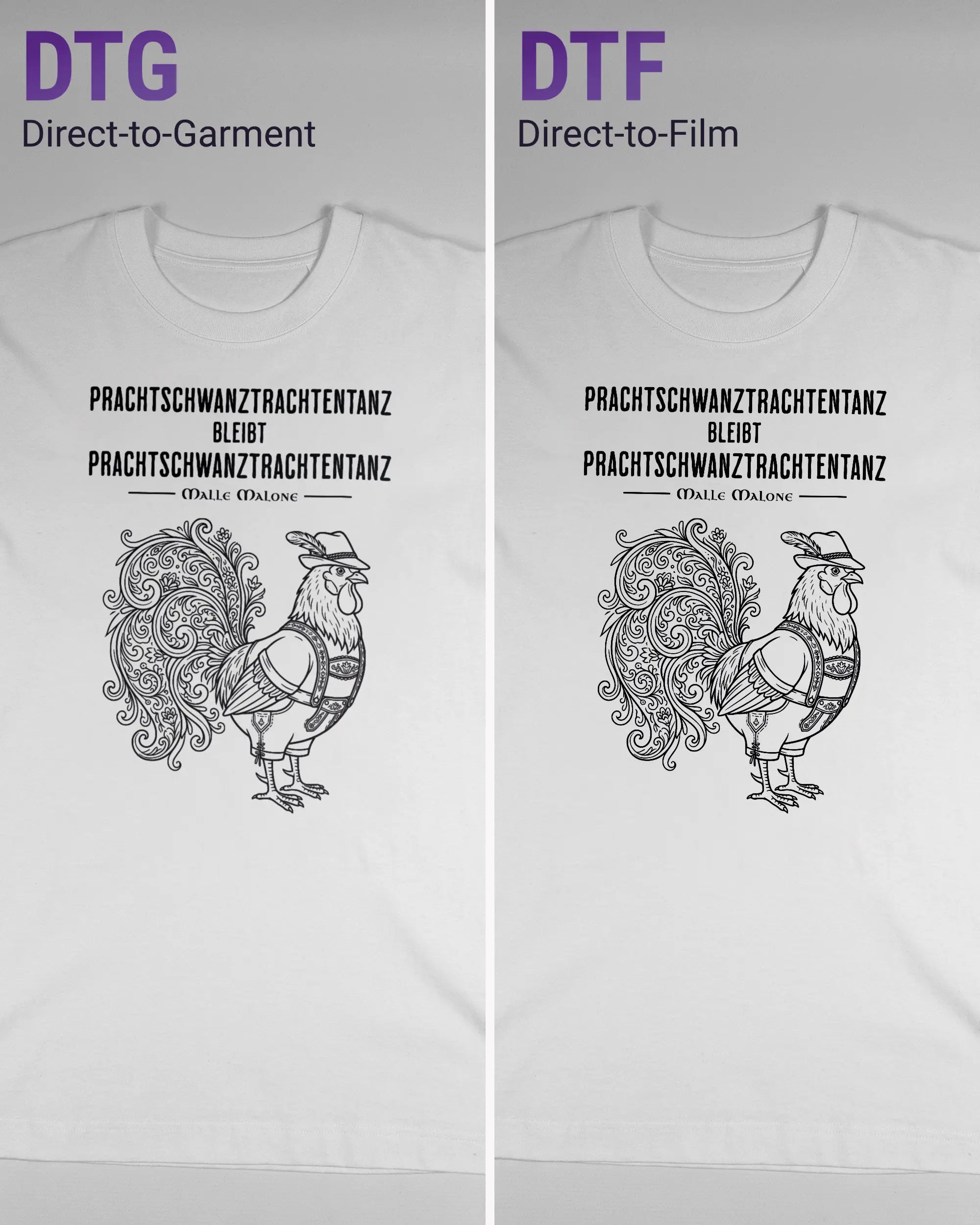 Vergleich der Vorderseiten des Organic Unisex T-Shirt Heavy Oversized von Maondo mit dem Design Trachtentanz in der Farbe White und in der Größe S links mit dem Direct-to-Garment und rechts mit dem Direct-to-Film Verfahren