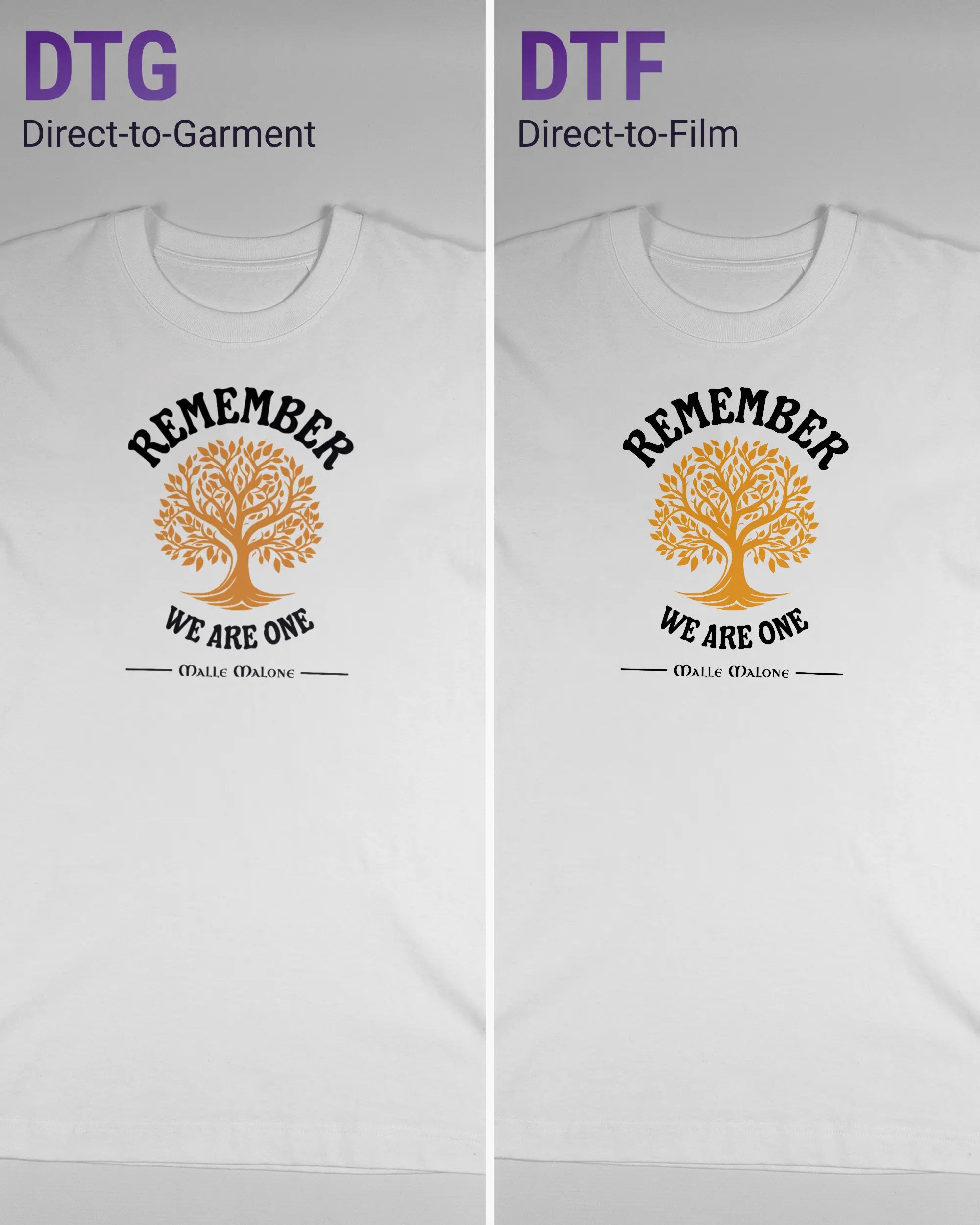 Vergleich der Vorderseiten des Organic Unisex T-Shirt Heavy Oversized von Maondo mit dem Design We are one in der Farbe White und in der Größe S links mit dem Direct-to-Garment und rechts mit dem Direct-to-Film Verfahren